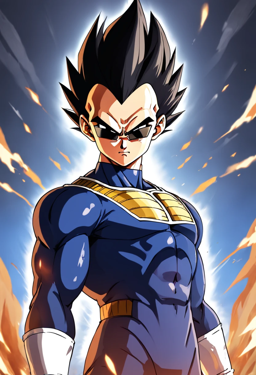 "a detailed artwork of Vegeta in black spy clothes and wearing sunglasses on his face with a serious expression, Dragon ball z, 4k, Full HD, corpo inteiro, inspirado em Akira Toriyama, Estilo de arte de Dragon Ball, estilo de desenho hiper-realista, arte de anime limpa e detalhada, Dynamic background."