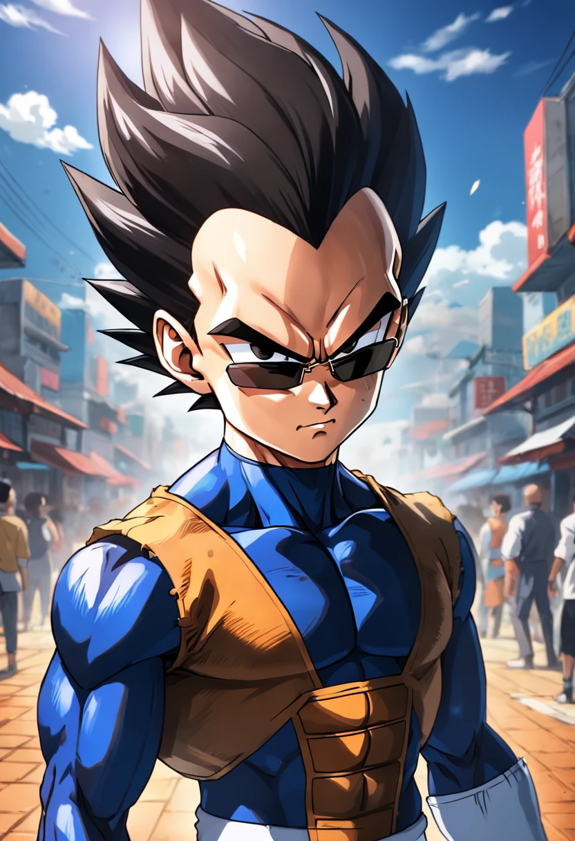 "a detailed artwork of Vegeta in black spy clothes and wearing sunglasses on his face with a serious expression, Dragon ball z, 4k, Full HD, corpo inteiro, inspirado em Akira Toriyama, Estilo de arte de Dragon Ball, estilo de desenho hiper-realista, arte de anime limpa e detalhada, Dynamic background."