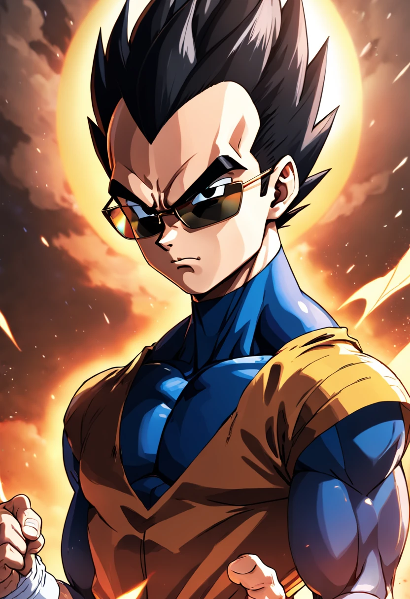 "a detailed artwork of Vegeta in black spy clothes and wearing sunglasses on his face with a serious expression, Dragon ball z, 4k, Full HD, corpo inteiro, inspirado em Akira Toriyama, Estilo de arte de Dragon Ball, estilo de desenho hiper-realista, arte de anime limpa e detalhada, Dynamic background."