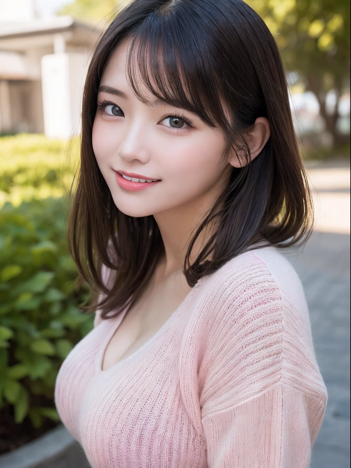 masutepiece, Best Quality, Photorealsitic, finely detail, hight resolution, 8K Wallpapers, Perfect dynamic composition, Beautiful detailed eyes, Medium Hair, large full breasts, Random and sexy poses,Bring your chest together、(Tight Green Knitwear)、(Breast bulge 1.2)、A smile、open open mouth、Resort scenery、25-years old、(Drooping eyes 1.4)、Adult beauty、japanes