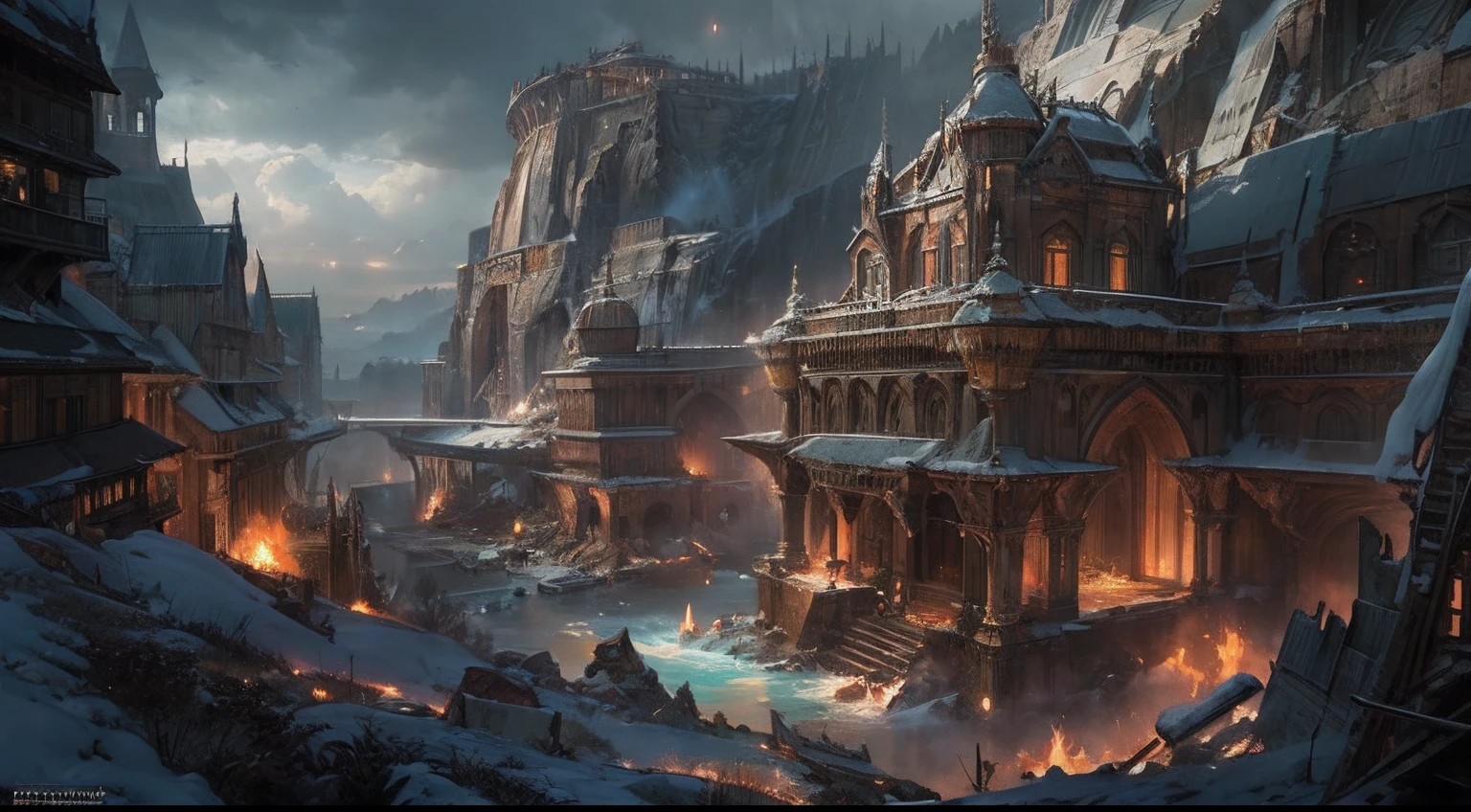 "(by Greg Rutkowski: 1.2), (masterpiece), (best quality), extremely delicate and beautiful, illustration, (fantasy landscape), depth of field, HDR, intricate, delicate, (No human presence), photorealistic depiction, live action feel, creating a visual masterpiece with the best possible quality. (Highlighting the fantastic elements of dwarven city, emphasizing the effects of collapse and severe weathering). Providing a distant view that captures the grandeur and atmosphere."