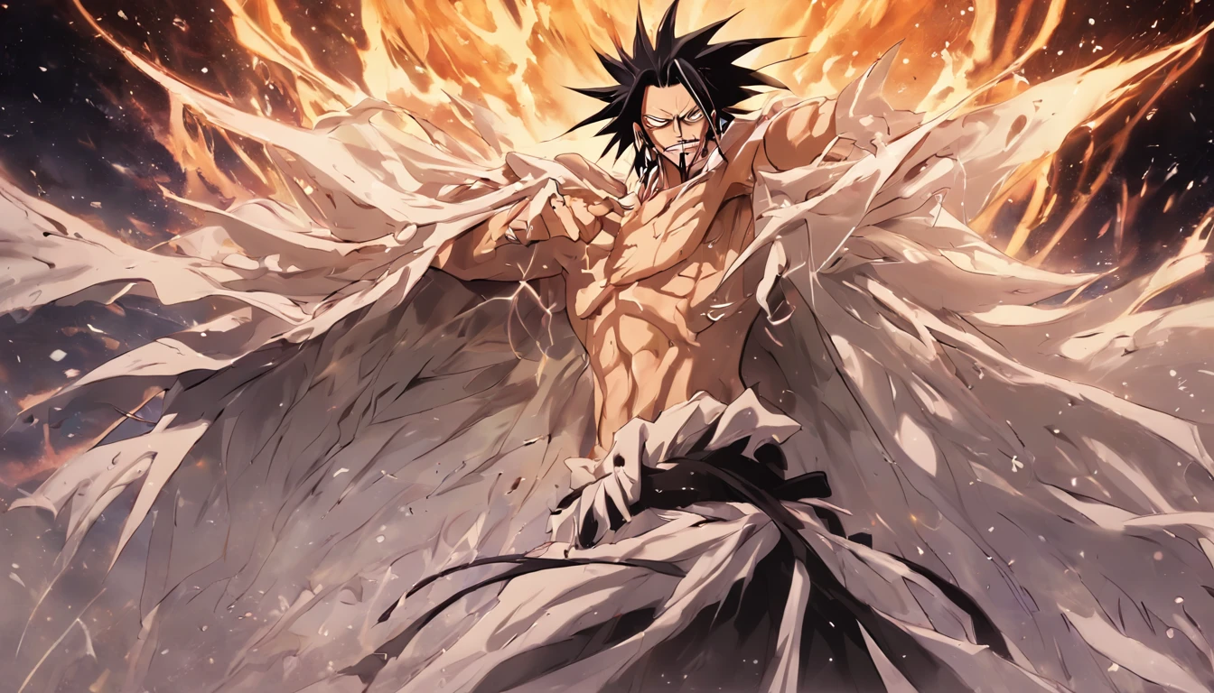 "Zaraki Kenpachi bleach, aura amarela, Gothic style."