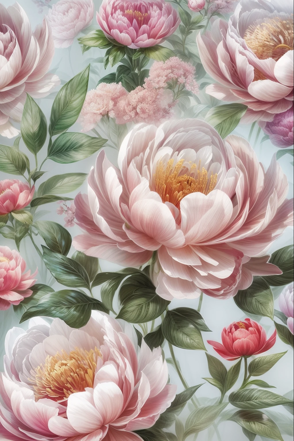 （China - chic peony flowers，Oriental elements），（China - fashion illustration：1.5，Vector image：1.5），（Chinese color，Senior Color Matching，Gradient backgrounds，white backgrounid），（Very detailed，Reasonable design，Clear lines，High- sharpness，best qualtiy，tmasterpiece，offcial art，Movie Light Effects，4K）