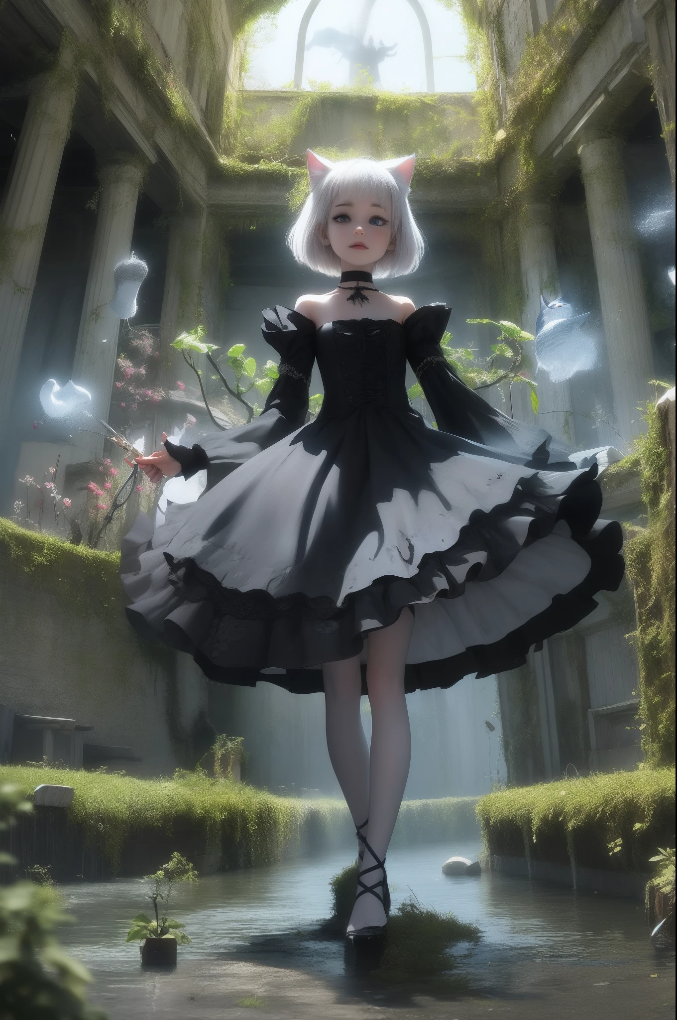 top-quality、​masterpiece、Fantasy 3D、Ultra wide angle high angle、Underground channel with collapsed ceiling、Nordic beautiful girl、The iris is blue、Smirking expression、Pretty small face、Light makeup、Two cat ears、Platinum blonde short hair、Medium chest、Flexible body、big butts、Knee-deep in water、alchemist、Full body like、Holding a magic wand in his right hand、Holding nothing in your left hand、Gothic dress with long sleeves、long  skirt、Lots of rubble scattered around、Overgrown with plants、Ivy gets tangled in the wall、moonlights、thirds rule