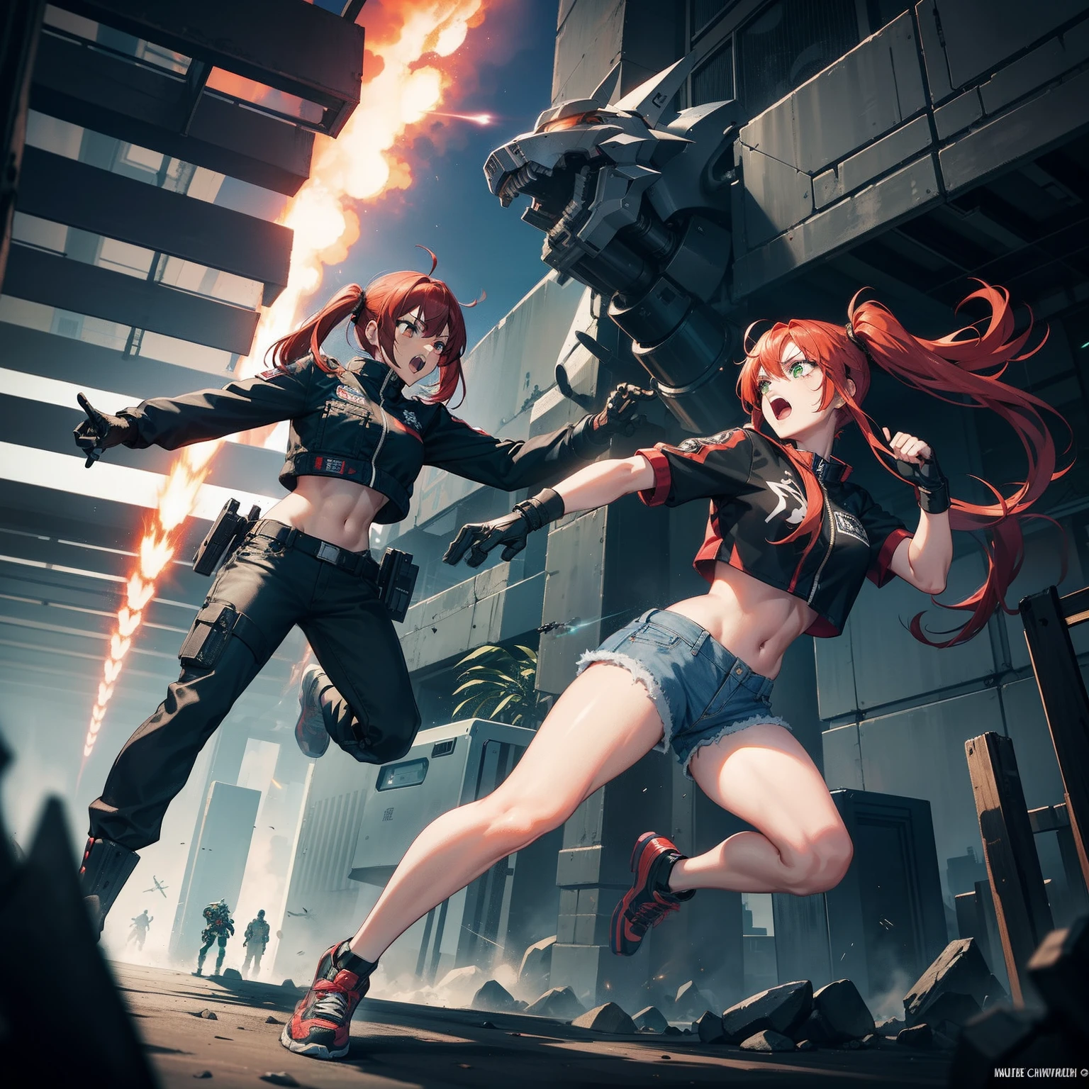 Full body shot, female asian Irina Shidou red hair twintails green eyes, in a cyberpunk city, wearing a bomber jacket and crop top and denim shorts, fighting a humanoid robot android with metal chrome exterior, holding a big machine gun, holding a long laser rifle, shooting laser rifle, shooting lasers up at the sky, missile strike, rocket launch,  rapid fire, explosions, hand to hand combat, fighting, round house kick, jumping kick, guns flaring, punch face, open mouth, screaming, frontal shot, side shot, rear shot, back shot, behind shot, masterpiece, highly detailed