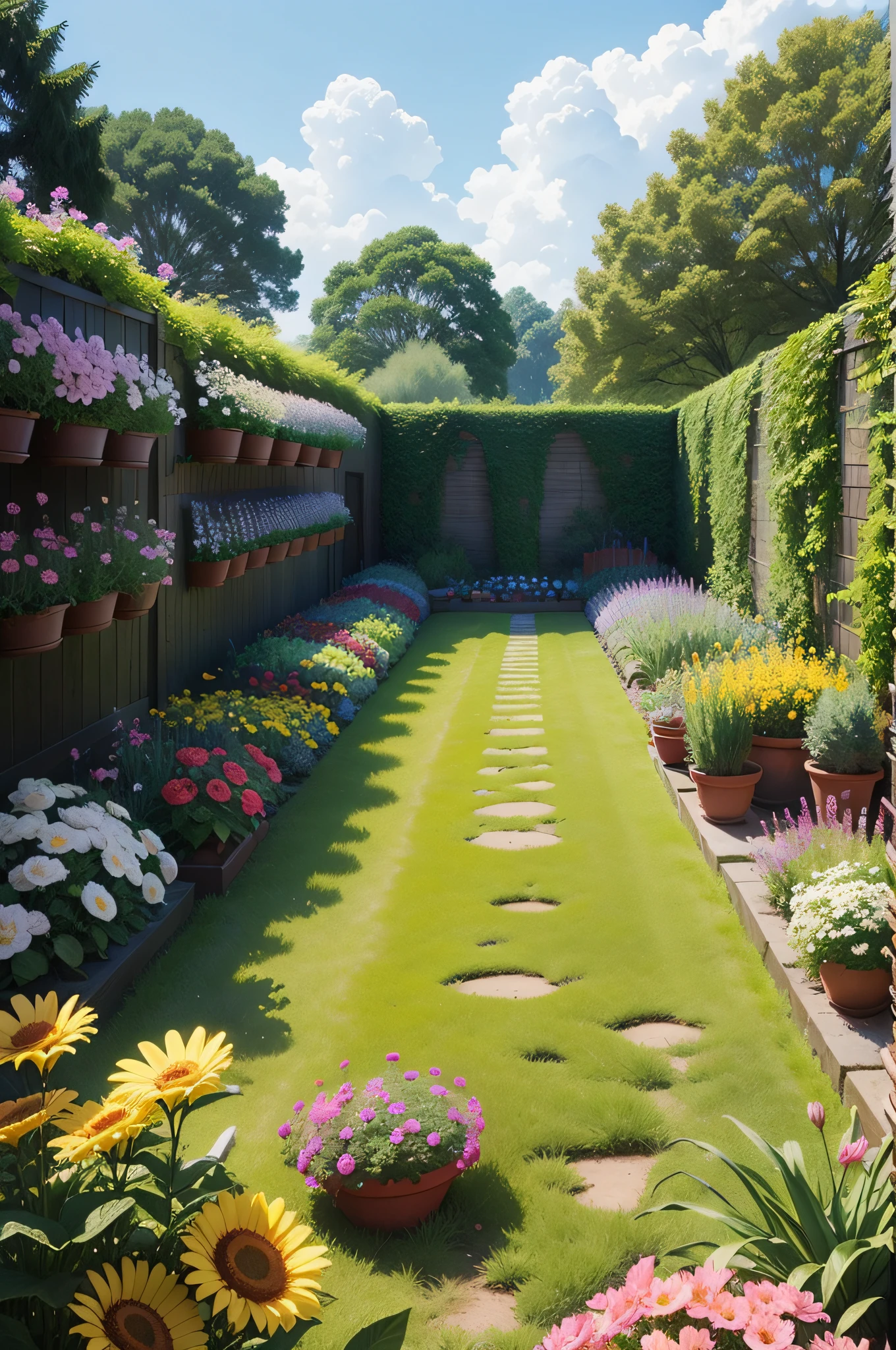 A visual of a vibrant, well-tended garden full of blooming flowers, showcasing the nurturing aspect of positive practices leading to personal growth.