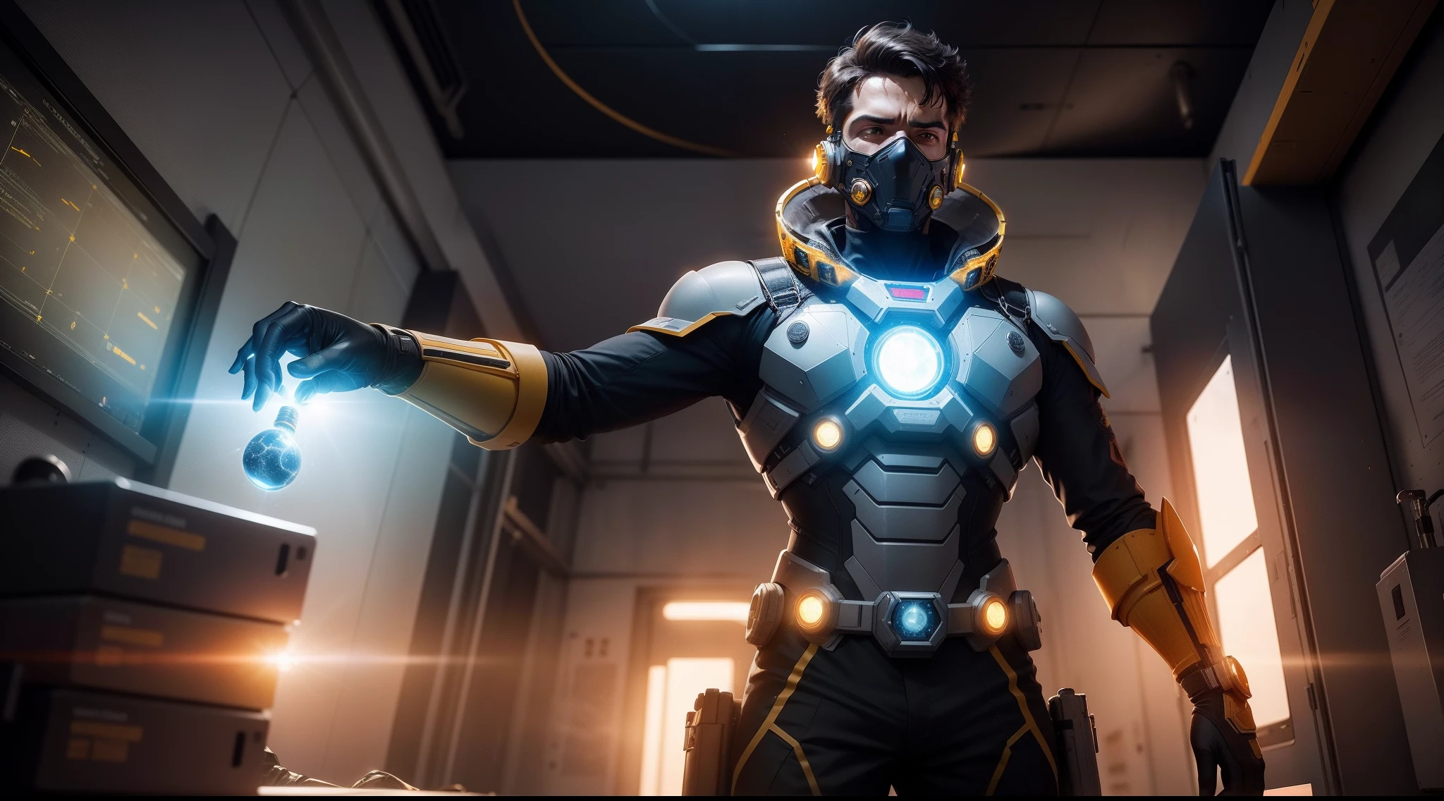 "Cientista Solar": Create a realistic NFT in digital art format of a studied hero called "Cientista Solar". Ele possui uma armadura metalizada nas cores amarelo e preto, with detailed technological details. The scene depicts the scientist conducting experiments with solar energy in his futuristic laboratory.