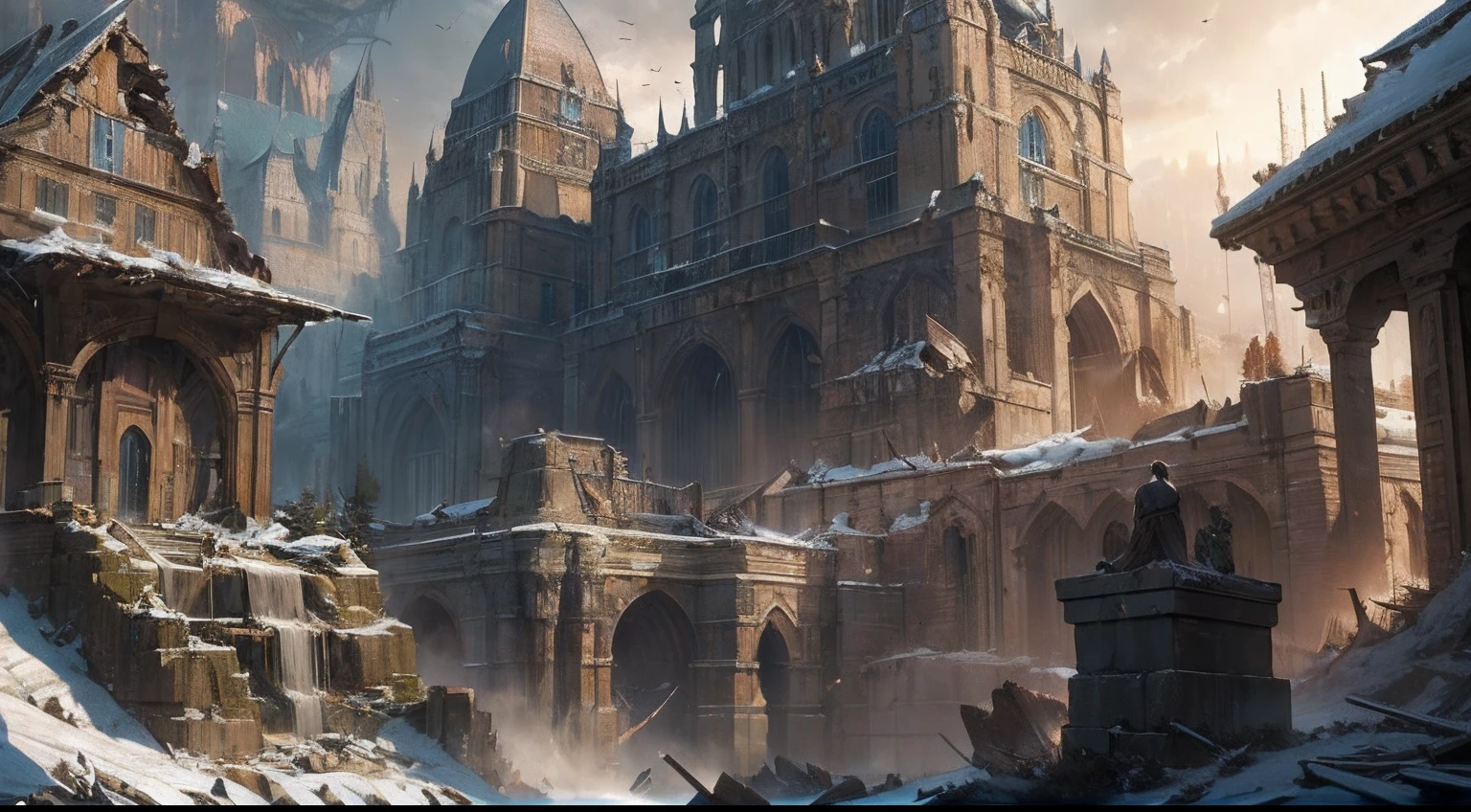 "(by Greg Rutkowski: 1.2), (masterpiece), (best quality), extremely delicate and beautiful, illustration, (fantasy landscape), depth of field, HDR, intricate, delicate, (No human presence), photorealistic depiction, live action feel, creating a visual masterpiece with the best possible quality. (Highlighting the fantastic elements of dwarven city, emphasizing the effects of collapse and severe weathering). Providing a distant view that captures the grandeur and atmosphere."