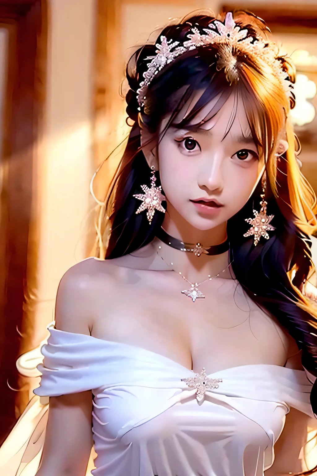 An extremely delicate and beautiful，The is very detailed，CG，Solidarity，8k wallpaper，An Astonishing，finely detailled，tmasterpiece，Best quality at best，offcial art，extremely detailed CGunity8k wallpapers，1girll，独奏，Brown hair，eBlue eyes，Long hairs，Hairoveroneeye，Keep your mouth shut，Star symbol，jewelry，Floating hair，hair adornments，By bangs，The upper part of the body，You can see through it at a glance，sportrait，shine，choker necklace，from the above，eyeslashes