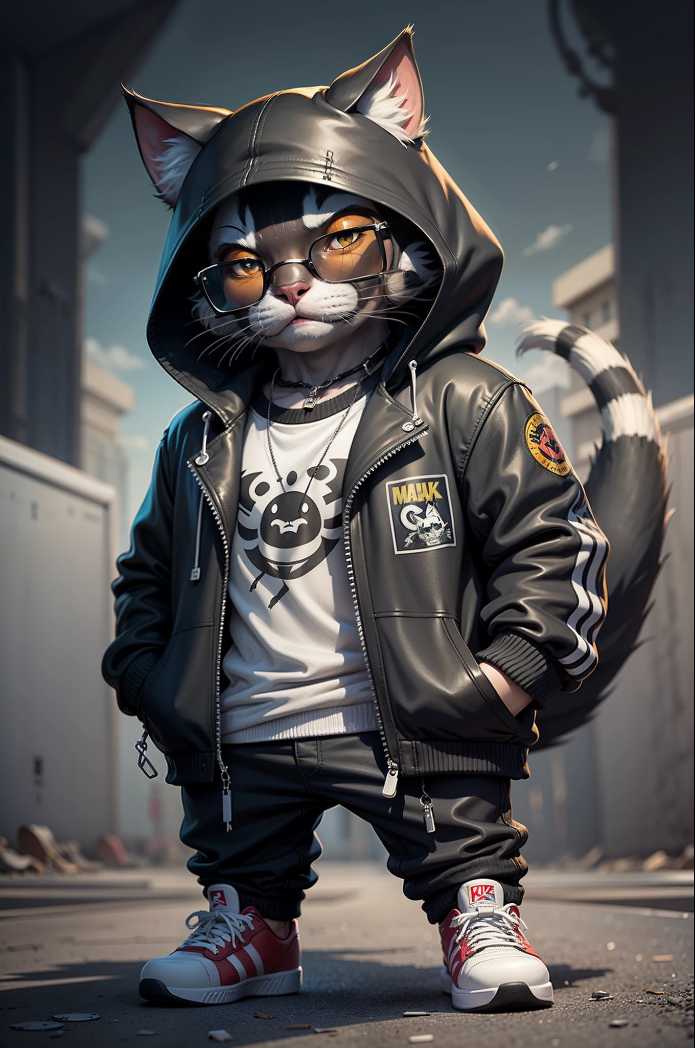 C4tt4stic, Cartoon black cat in jacket and skateboard, Sunglasses,