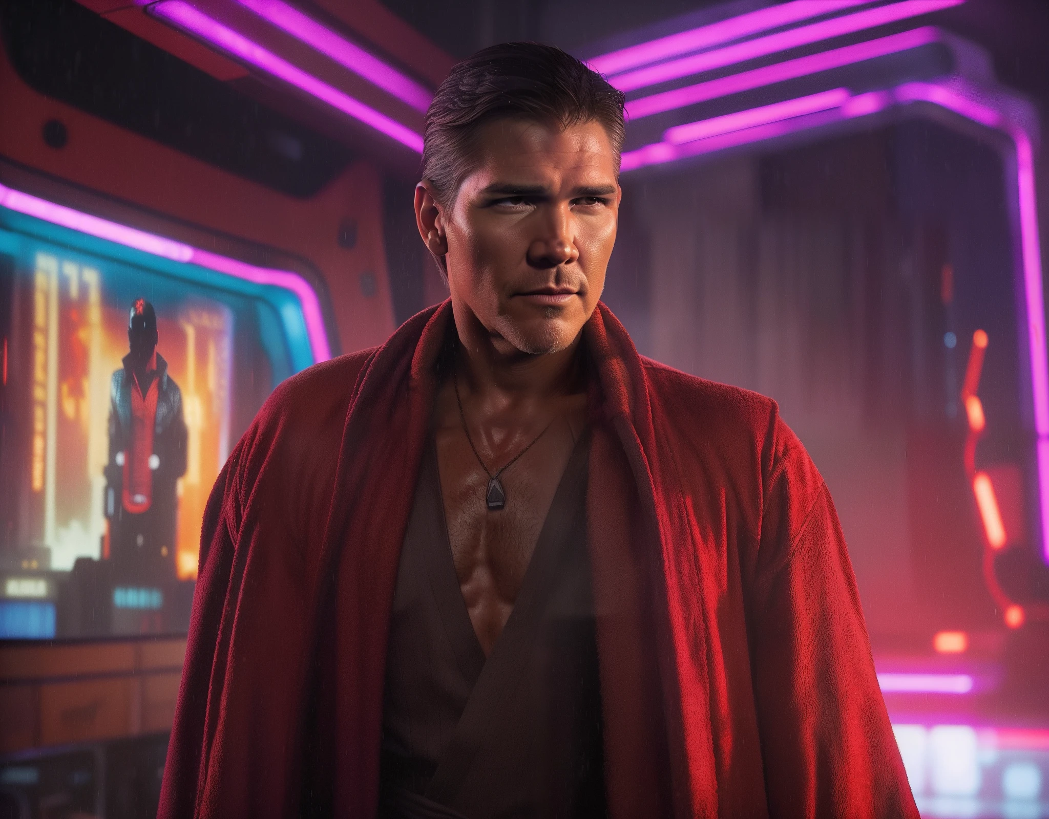 (((Jim caviezel))), Man in bathrobe standing in front of a TV, No filme Blade Runner 2049, Blade runner 2049 color lighting, estilo de blade runner 2049, de Blade Runner 2049 (2017), Blade Runner 2049 Estilo, in Blade Runner lighting 2049