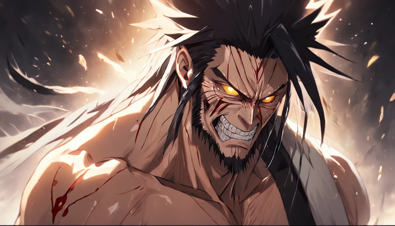 "Zaraki Kenpachi bleach, aura amarela, Viking com rosto do giurosa, Sorriso esquerdo, blood tears, sombrio, qualidade excepcional, multiple facial scars, Zaraki Kenpachi que ri, armadura viking das trevas, Gothic style."