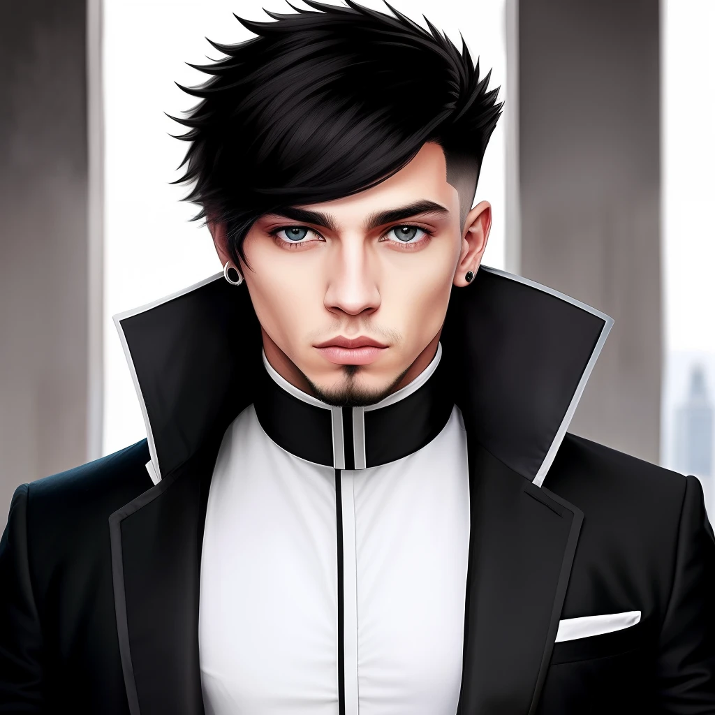 hombre joven, german, albino,pelo blanco, ojos morados, musculoso, gabardina negra, pantalones negros de vestir, formal, Mirando hacia adelante, hyper-realistic, Aura amenazante, manchas de sangre, Professional Assassin Aesthetics, pelo de largo medio