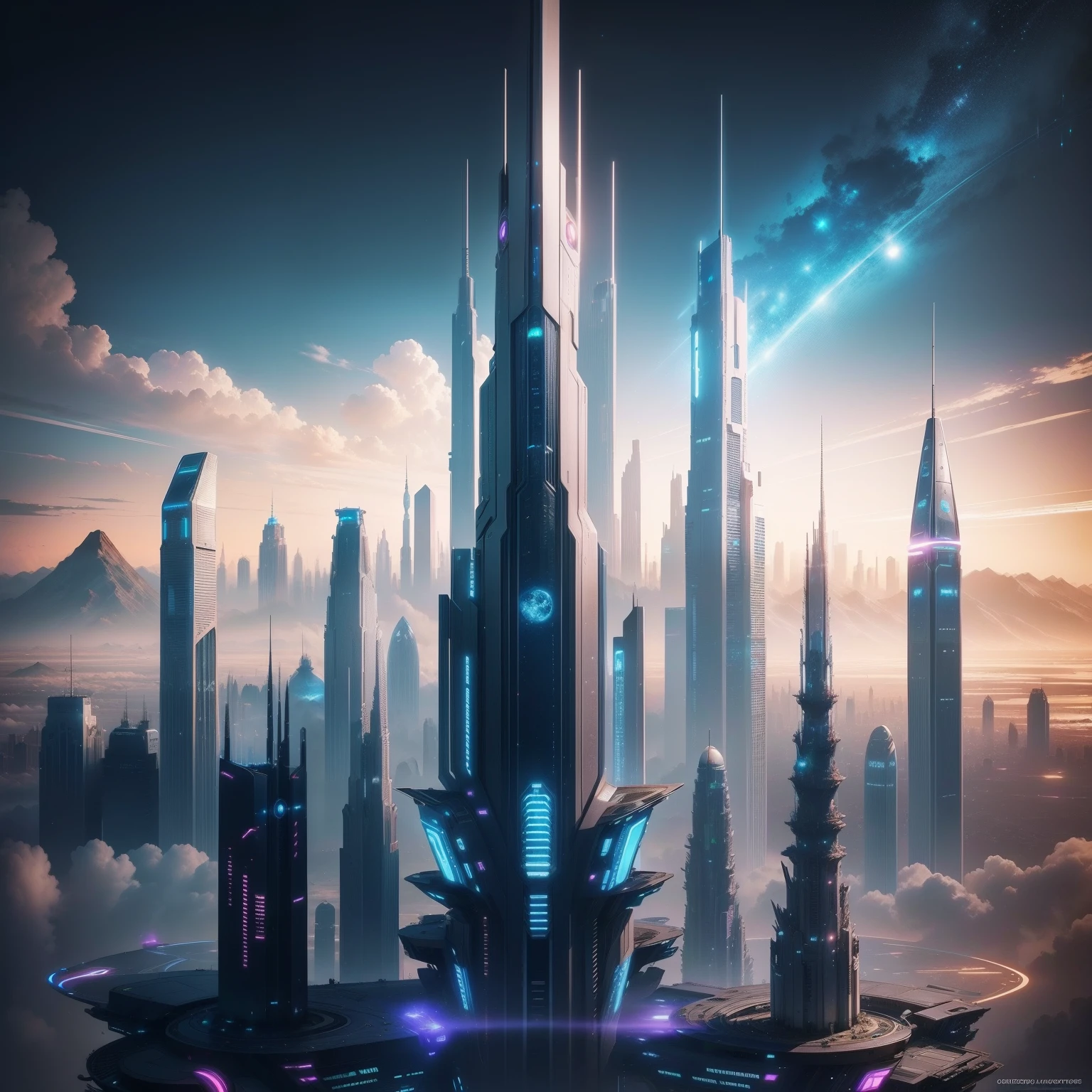 planet earth　kosmos　futuristic cities　cyberpunked　ＳＦart by　top-quality　​masterpiece　Towering skyscrapers　Building height１０fold