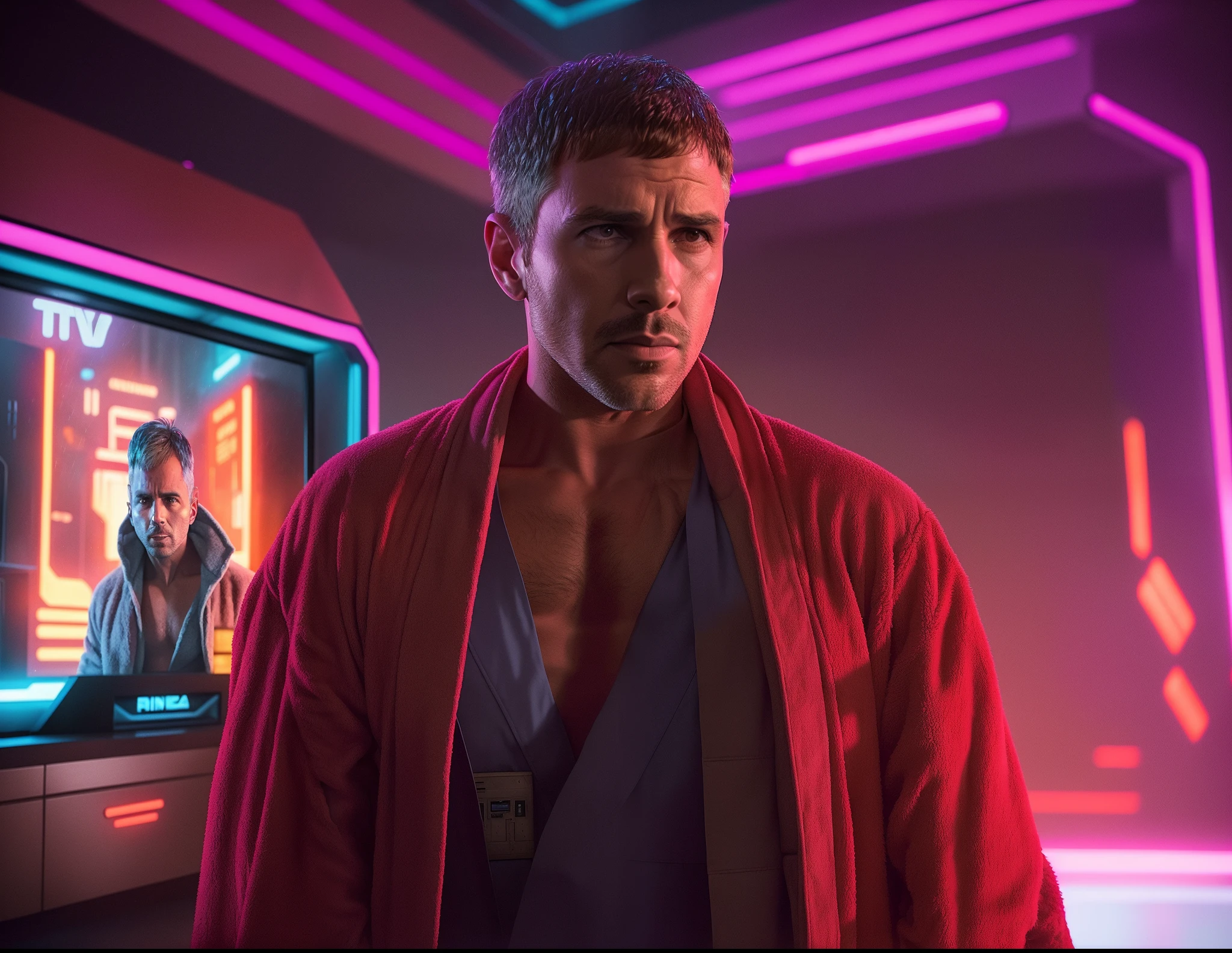 Man in bathrobe standing in front of a TV, No filme Blade Runner 2049, Blade runner 2049 colorful lighting, Blade Runner 2049 Estilo, de Blade Runner 2049 (2017), Blade Runner 2049 Estilo, in Blade Runner lighting 2049