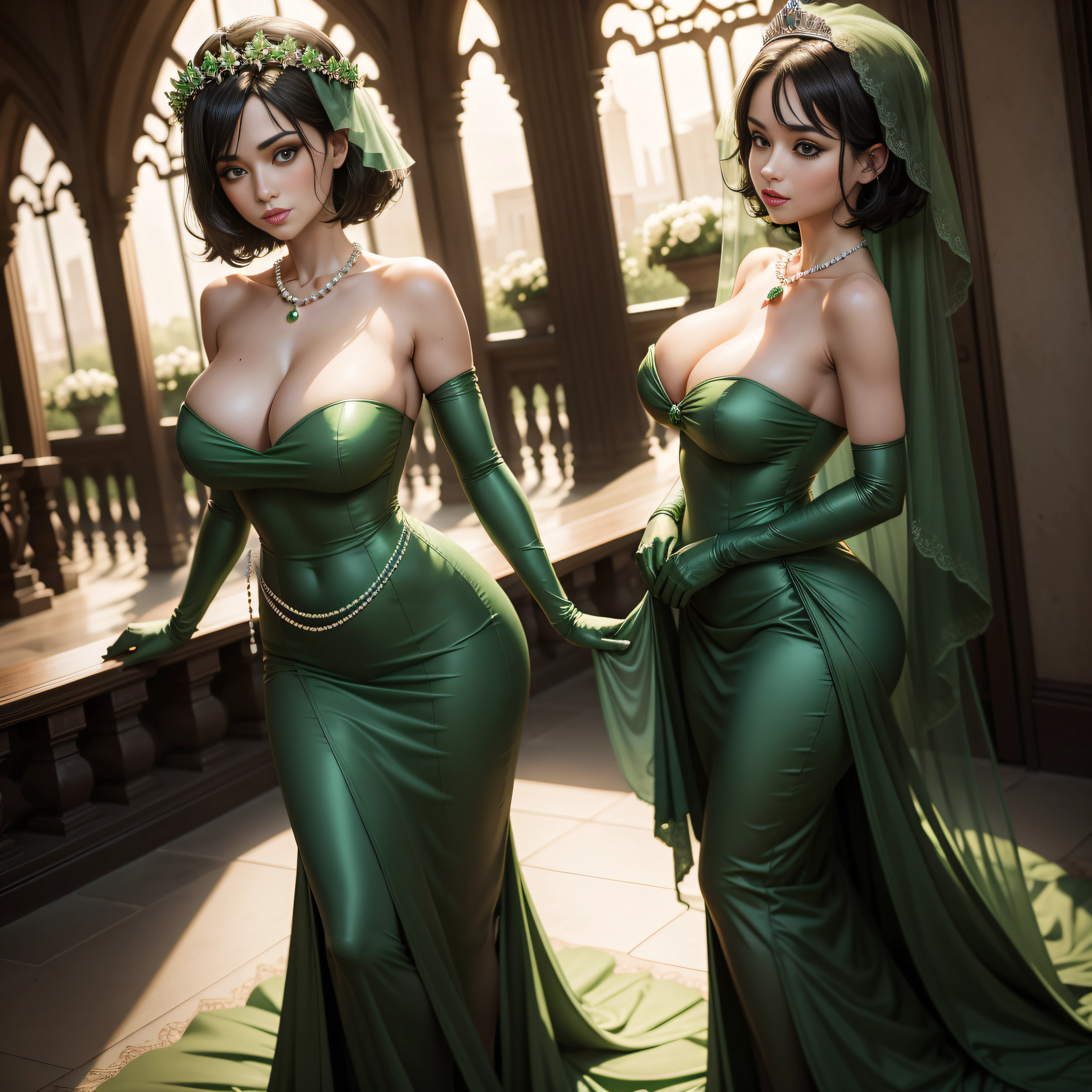 Green Dress Flower Cleanser,Sense of atmosphere, best qualtiy,tmasterpiece,1girll,30-years old,Green dress,Daytime Church,full body Esbian, Green gloves,With short black hair,big breasts beautiful,looking at viewert,ssmile,Green Bridal Veil,Green Long Grove,Satin green long gloves, lipsticks, Green Pearl Necklace, Emerald tiara