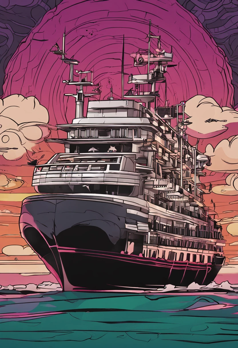 A complex symbolizing centralization of Soviet Fauvism A scarred warship escapes this dystopian city