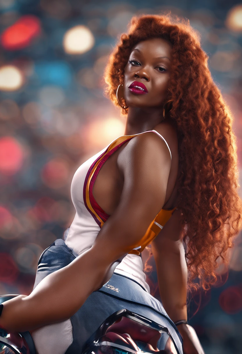 1 woman, 40k, insane quality, masterpiece, sports uniform, with a basketball, big boobs, (((bare breasts:1,5))), cumm on face, brushed nipple, big nipple, big hips, brown skin, african american hair, full lips, glossy lips, sweat in the body, seductive expression, looking at camera daylight,
