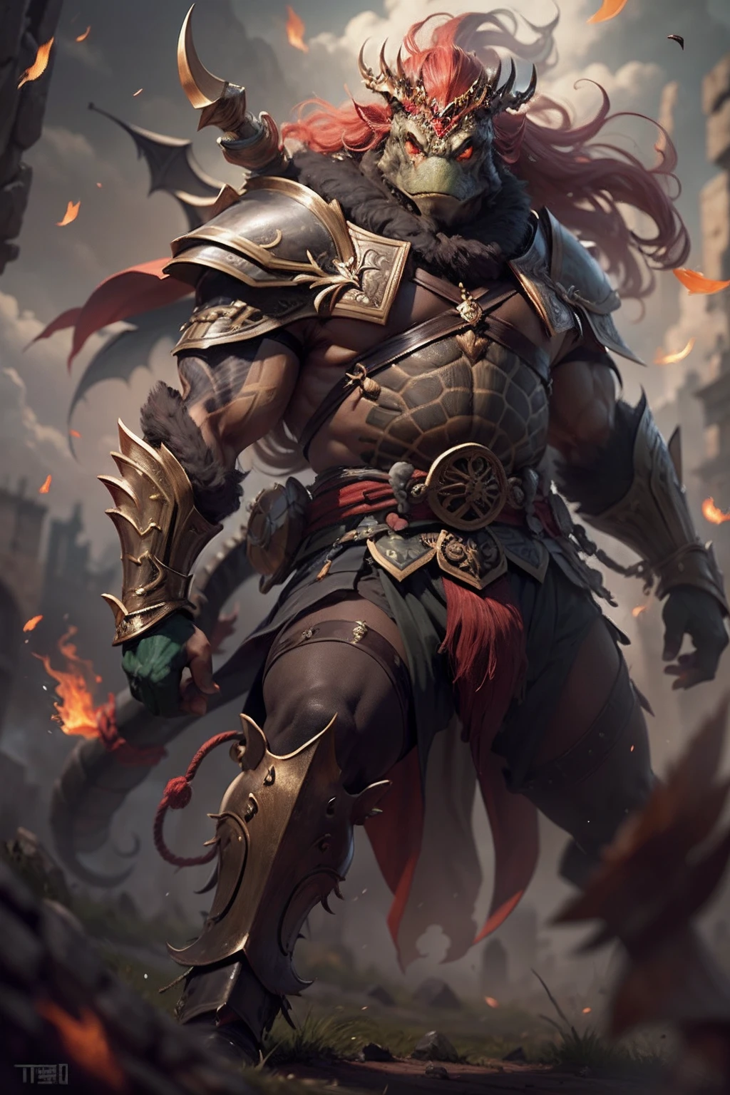 (anthropomorphic turtle),(Dragon King Warriors:1.4),coda,a tall body,Stout limbs,disdain,ran,tosen,The long hairs of the flame fluttered in the wind,combats,Dynamic lines,Dimly lit battlefield,Ruined castle,(stereoscopic perspective:1.4),Works of masters,super-fine,4K分辨率,high qulity,电影灯光,High picture detail,Detailed pubic hair,Epic shooting,Clearly focused hair,Detailed hair depiction,acurate