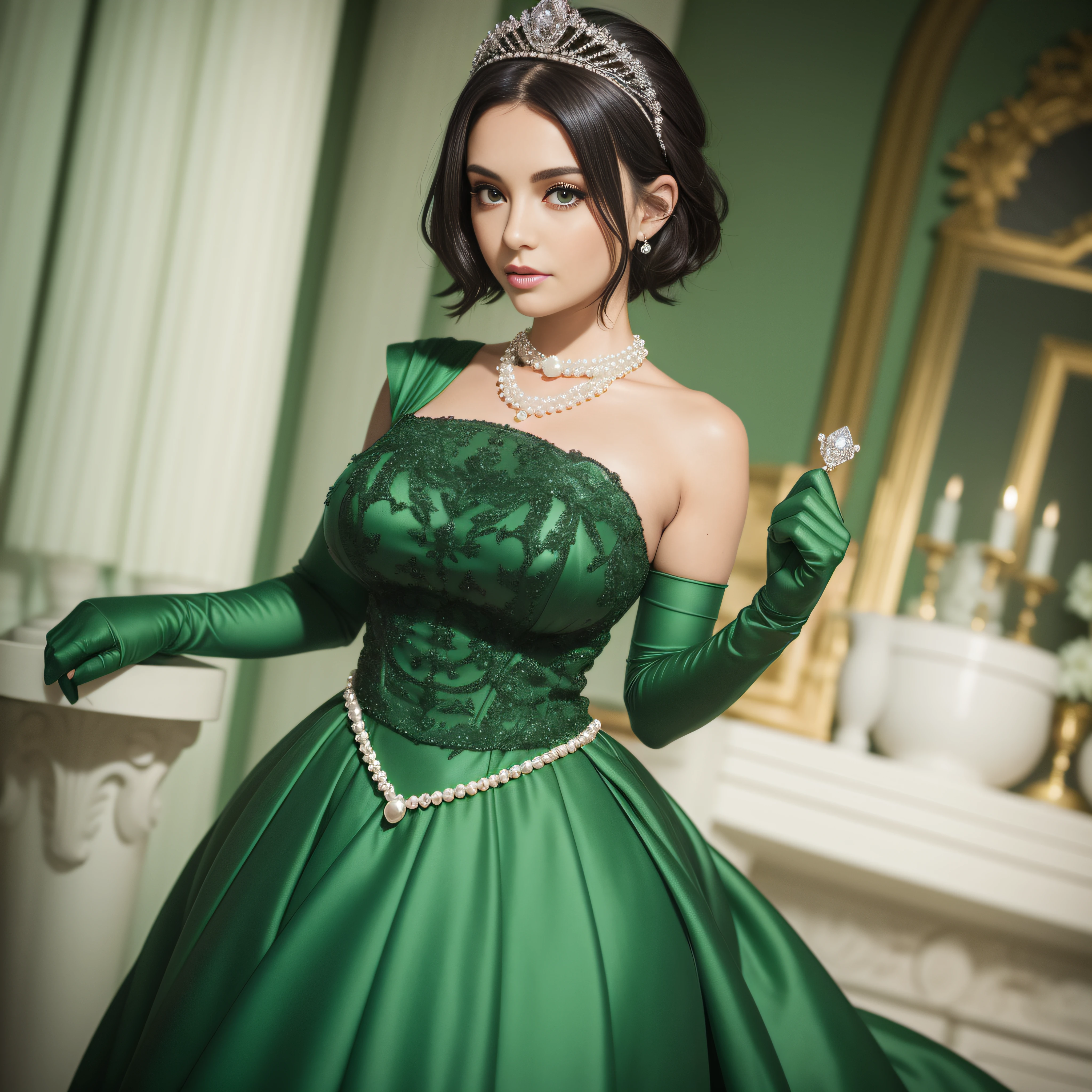 bride，Sense of atmosphere, best qualtiy，tmasterpiece，1girll，30-years old，Green dress，chies，full body Esbian, Green gloves，With short black hair,,，big breasts beautiful，looking at viewert，ssmile，Green Bridal Veil，Green Long Grove，Satin green long gloves,　lipsticks, Green Pearl Necklace, Short black hair, Pearl and emerald necklace, emerald tiara, Bright atmosphere, brightened light, pregnant woman