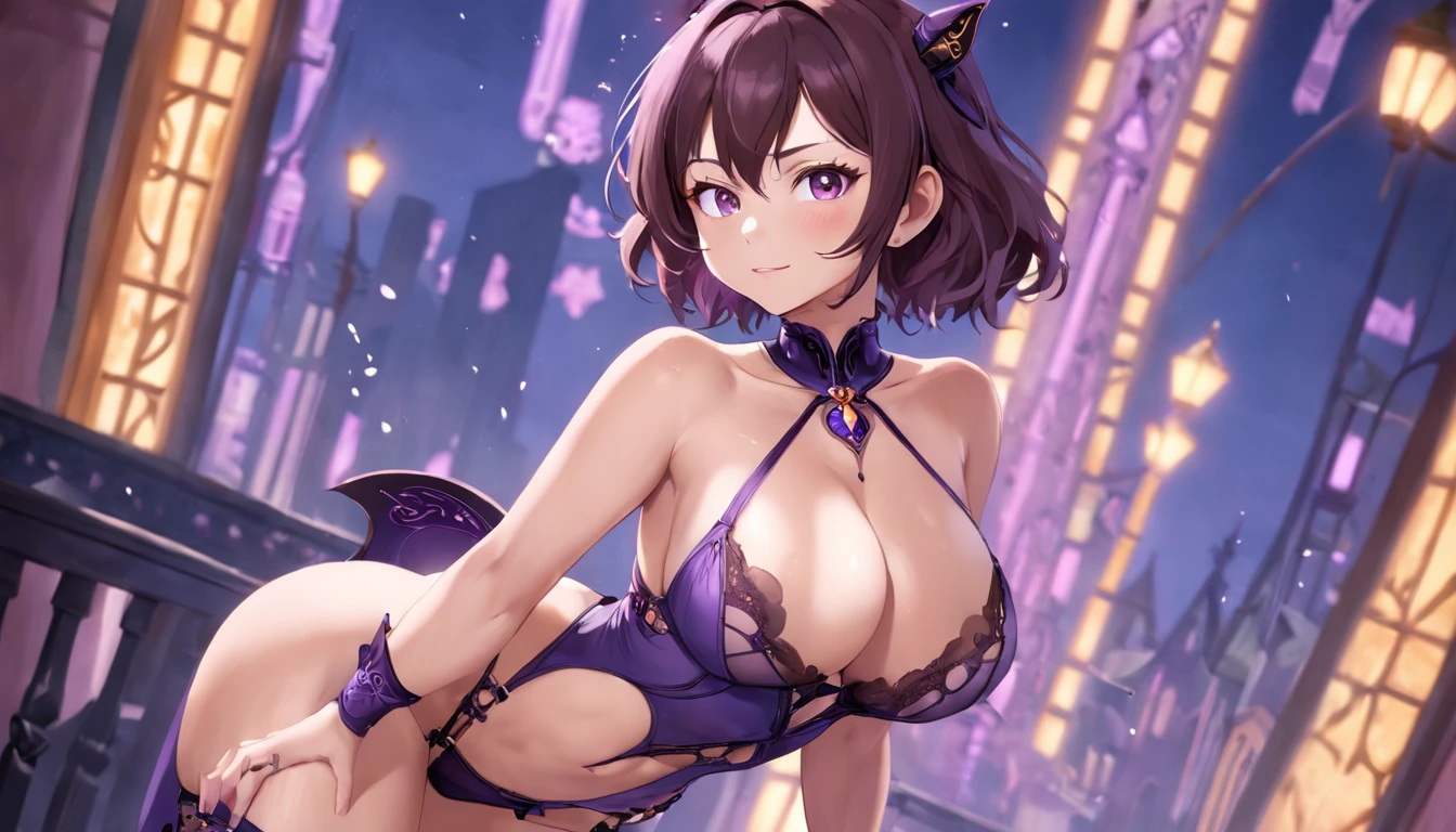 (((NSFW))), a stunning magica fantasy full-body portrait of a busty woman in dark purple racy sexy lingerie, wearing a garter belt, aged 27, emphasizing feminine features Plunging neck Lines, Slender Body, Small Ears, Brown Hair, Short Wavy Hair, Smiling Happy, Dynamic Pose, Ticker, Fantasy, Extreme Detail, 4Kde, Ultra HD, Trending on ArtStation, Polished, Radiant, Photo Vibrant, background lighting, (8Kdende UltraHD), Unreal Engine 5 potions, intricately detailed, 3D vray details