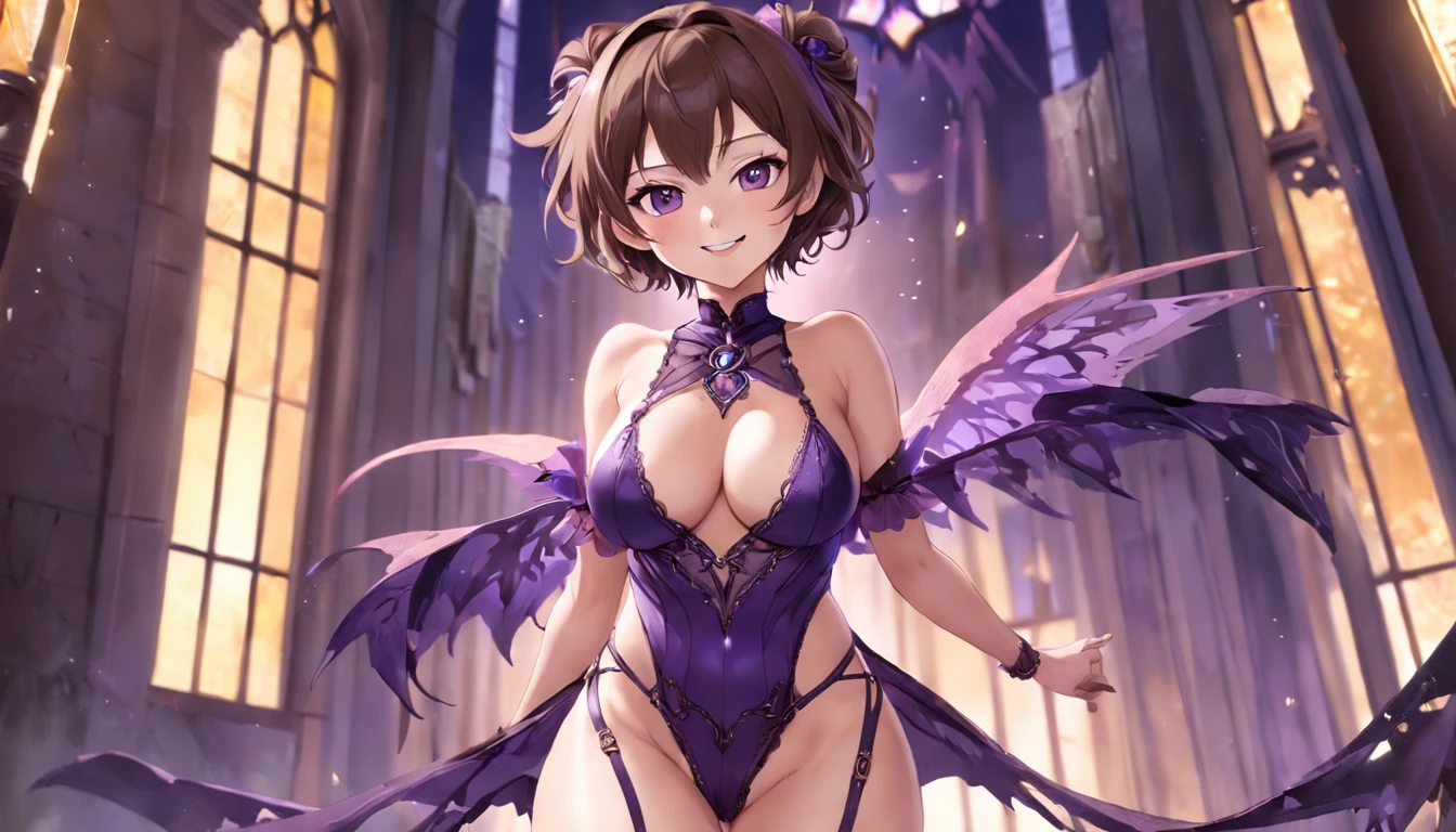 (((NSFW))), a stunning magica fantasy full-body portrait of a busty woman in dark purple racy sexy lingerie, wearing a garter belt, aged 27, emphasizing feminine features Plunging neck Lines, Slender Body, Small Ears, Brown Hair, Short Wavy Hair, Smiling Happy, Dynamic Pose, Ticker, Fantasy, Extreme Detail, 4Kde, Ultra HD, Trending on ArtStation, Polished, Radiant, Photo Vibrant, background lighting, (8Kdende UltraHD), Unreal Engine 5 potions, intricately detailed, 3D vray details