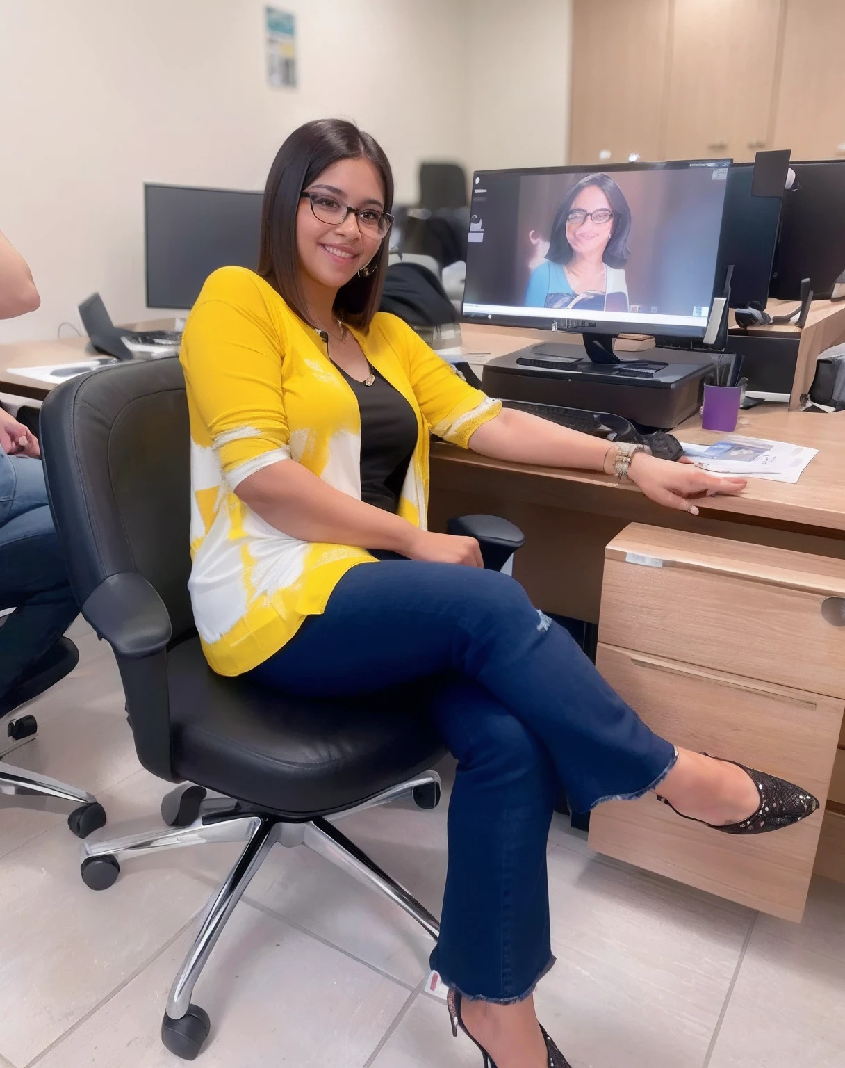 Mulher morena, With black frame glasses, olhos puxados, sorrindo, cabelo repartido do lado, com aproximadamente 50 anos, com blusa amarela, jeans, sitting cross-legged in the office chair.