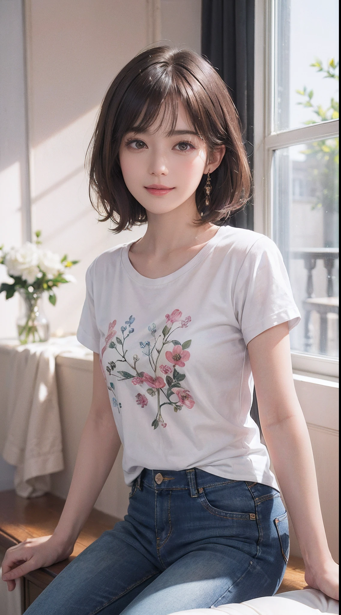 (Masterpiece)、(Photorealsitic、Raw photography、top-quality: 1.4)、(1womanl)、((Floral T-shirt))、((In jeans))、beautiful expression、((A slight smil))、(A dark-haired、short-hair:1.3)、Beautiful hairstyle、realisticeyes、Beautiful details、(real looking skin)、Beautiful skins、enticing、超A high resolution、A hyper-realistic、high-detail、the golden ratio、((The windowsill in a luxurious room))