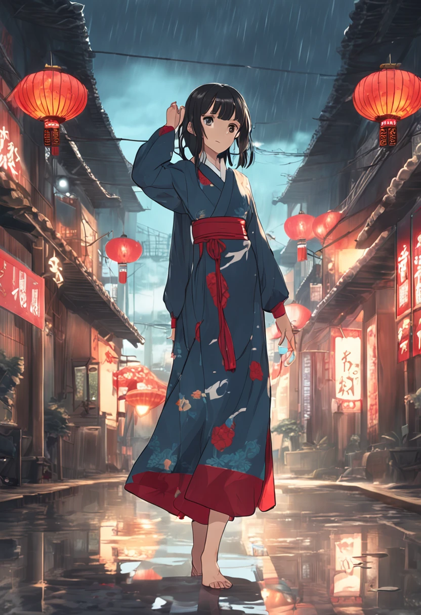 Anime Breaking the Sky character Yunyun walks in the rain wearing a cheongsam