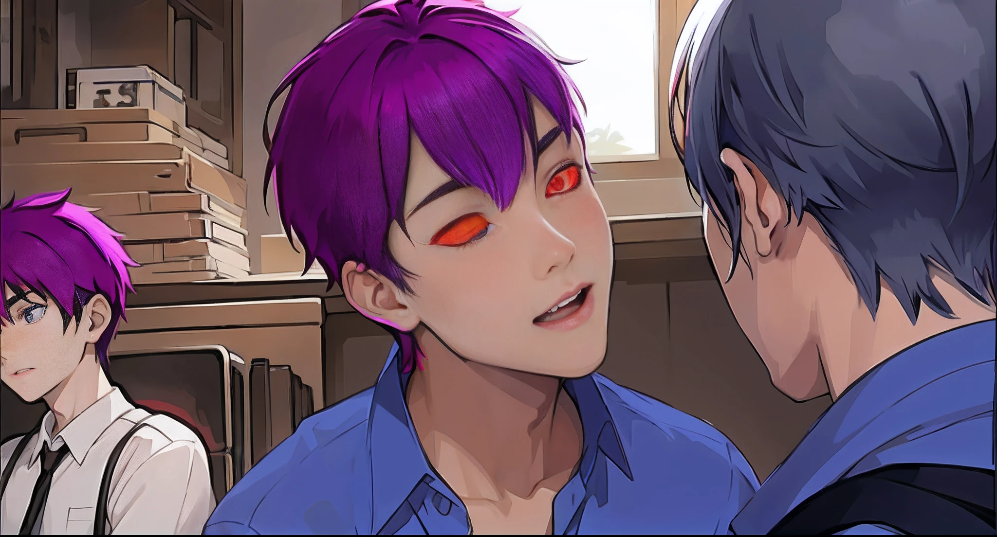 Imagen de anime de dos hombres con cabello morado y ojos rojos, his eyes are red and glowing, Sus ojos sangran intensamente, ((rojo)) ojos holgados, Gapmoe Yandere, Macho malvado y tortuoso, ojos totalmente rojos sin pupilas, con ojos rojos brillantes, con ojos rojos brillantes, devious evil expression, Sus ojos brillaban rojos, Ojos estilo Evangelion