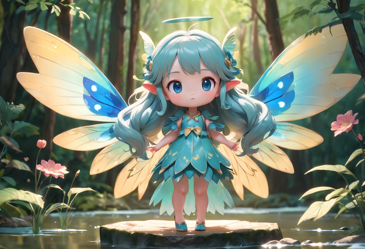 Full body 3D artwork of super cute girl, Front view, Side view, Back view, forest fairy,The back is long with butterfly wings, doll, concept-art, reference sheet, Pop Mart blind box, by Pixar, Long hair, blue watery eyes, floral decorations, Rattan decoration, luxury goods, Complex details, a 3D render, blender, OC renderer, Preface Reference Table, drools, High details, 8K, Studio lighting,