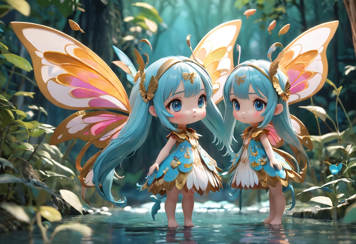 Full body 3D artwork of super cute girl, Front view, Side view, Back view, forest fairy,The back is long with butterfly wings, doll, concept-art, reference sheet, Pop Mart blind box, by Pixar, Long hair, blue watery eyes, floral decorations, Rattan decoration, luxury goods, Complex details, a 3D render, blender, OC renderer, Preface Reference Table, drools, High details, 8K, Studio lighting,