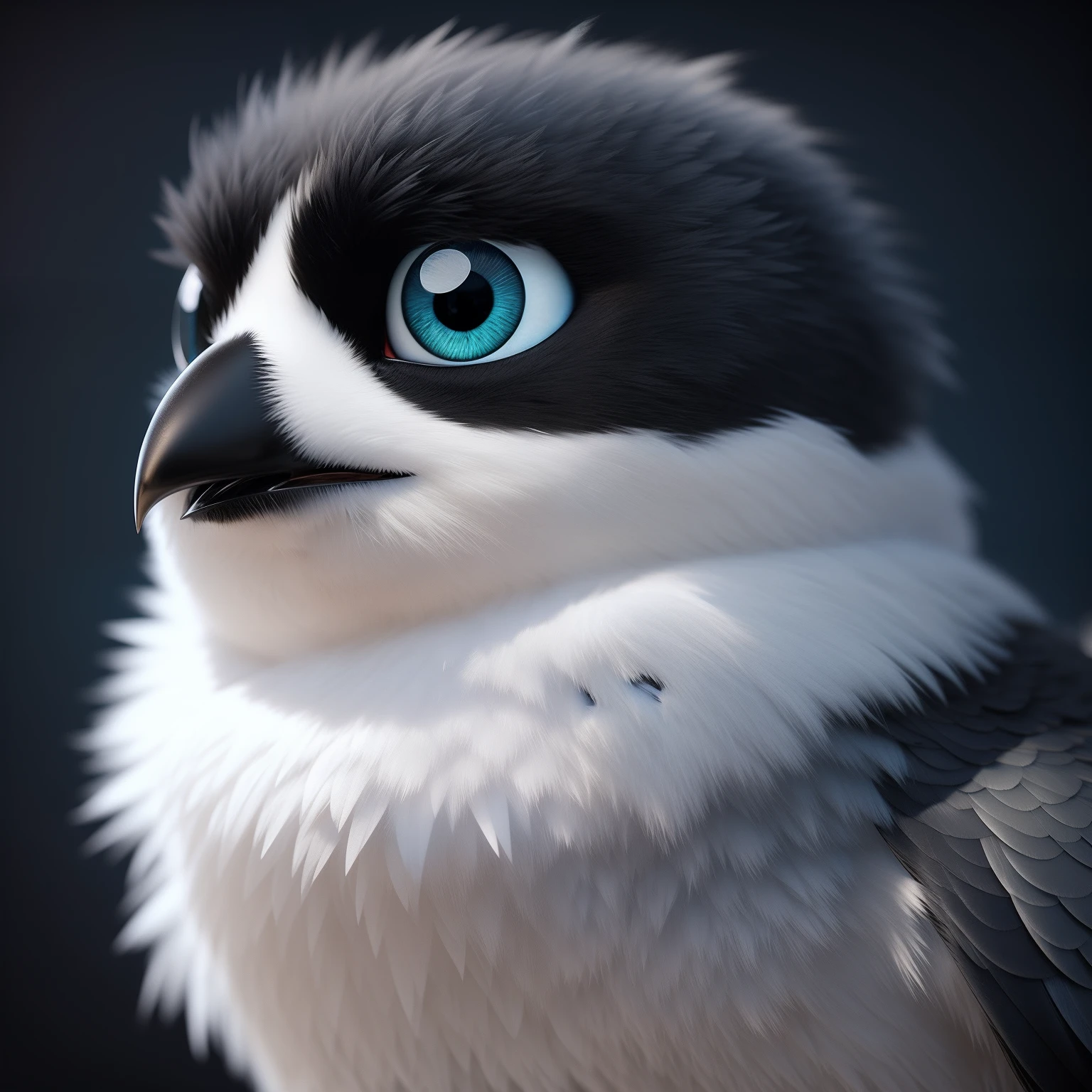 3D fluffy arctic swallow, Close-up cute, cute big circular reflective eyes, Fluffy long hairs, Pixar render, unreal engine cinematic smooth, intricately details, Cinematic