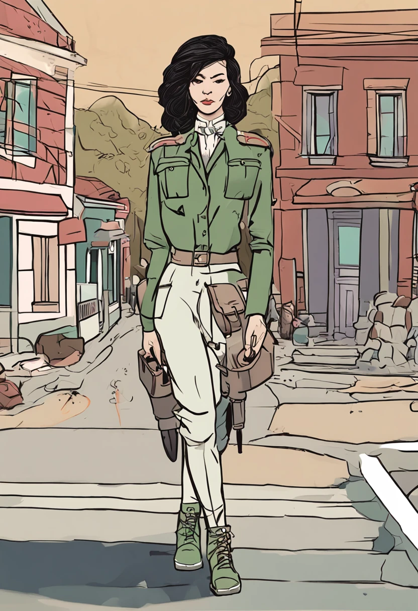 A lonely young adult girl, alta estatura, peito pequeno, boca fechada, Slavic appearance: olhos verdes; cabelos loiros; sharp facial features; covinha no queixo; Nariz Reto; nariz alto; pronounced high cheekbones; testa alta, stands, usa uniforme militar: Sobretudo verde escuro de peito duplo com 6 fixadores; gray pants; botas pretas altas; luvas de couro pretas, Standing in the middle of the street, Fundo na imagem: A street with a stone paved road with European stone houses from the first half of the 20th century; People with mid-20th century clothes, sombras de alta qualidade, Alta qualidade de luz, roupas de alta qualidade, qualidade de imagem da obra-prima, Max Detalhe, qualidade da obra-prima, high-definition picture.