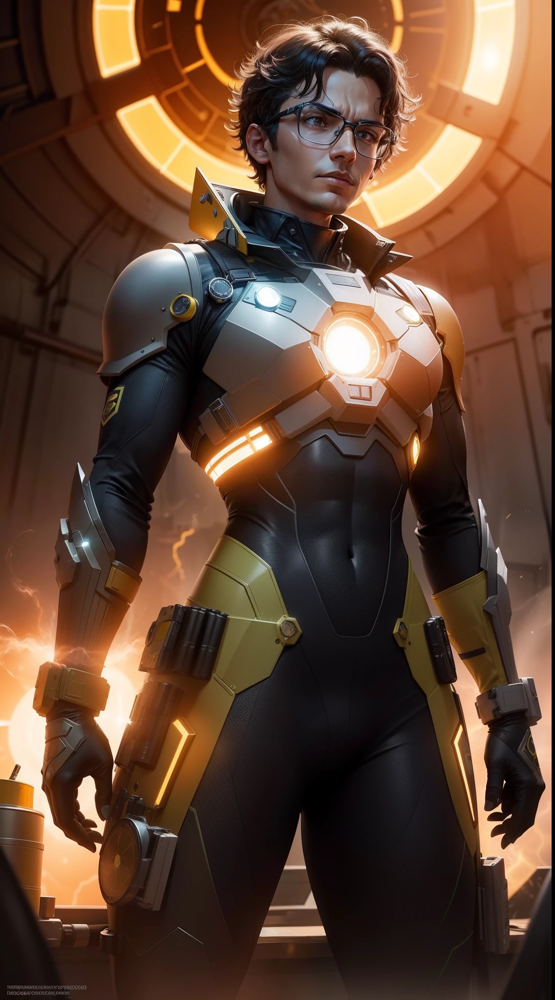 NFT 1 - "Cientista Solar": Create a realistic NFT in digital art format of a studied hero called "Cientista Solar". Ele possui uma armadura metalizada nas cores amarelo e preto, with detailed technological details. The scene depicts the scientist conducting experiments with solar energy in his futuristic laboratory.