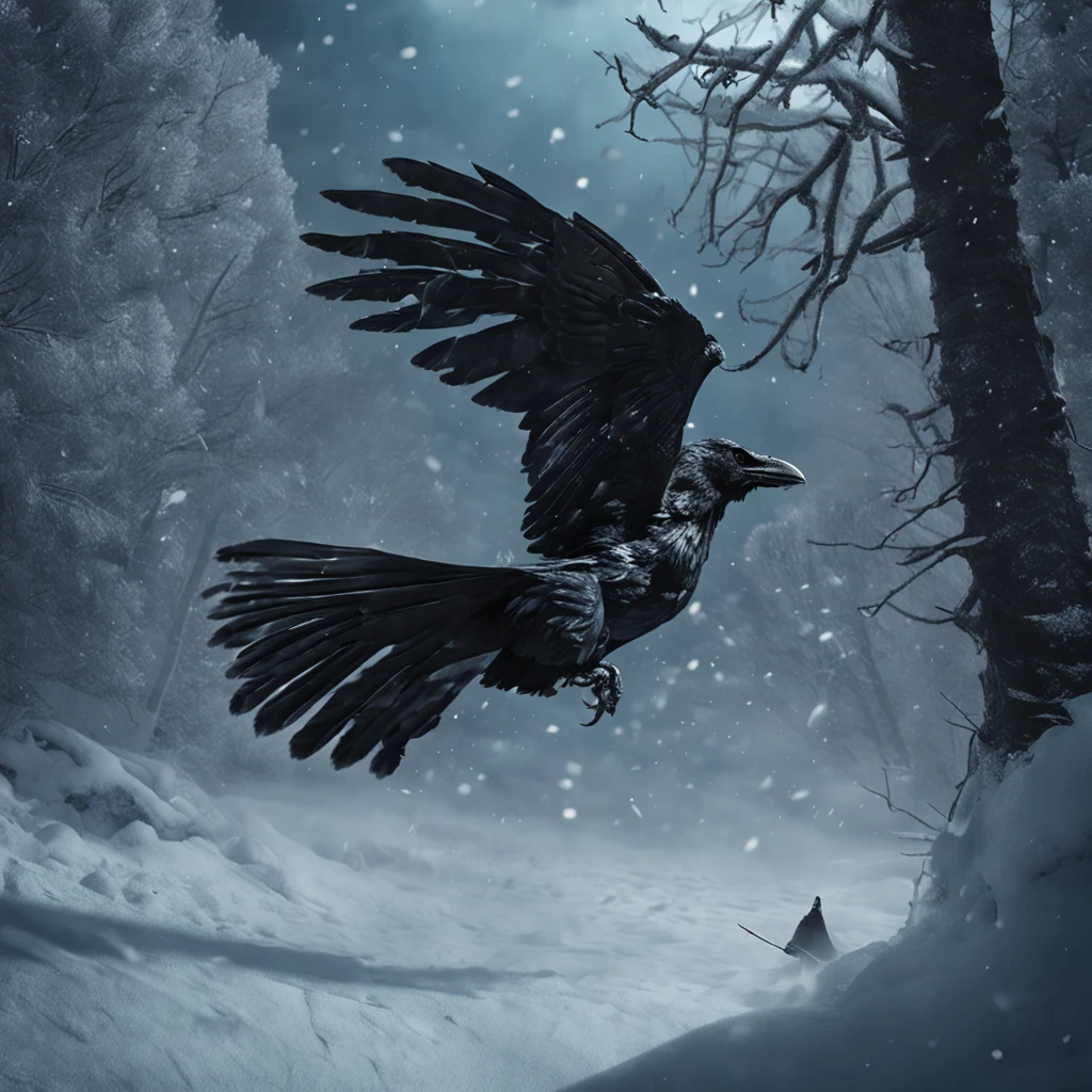 Best quality, Masterpiece, hundreds of frost raven fly from a man, snow land, high resolution, (photograph realistic:1.4), surrealism, Dream-like,fusionart, Shadowdancer, shadow magic, darkness control, stealth, shadowstep, umbral spells, hidden blade,