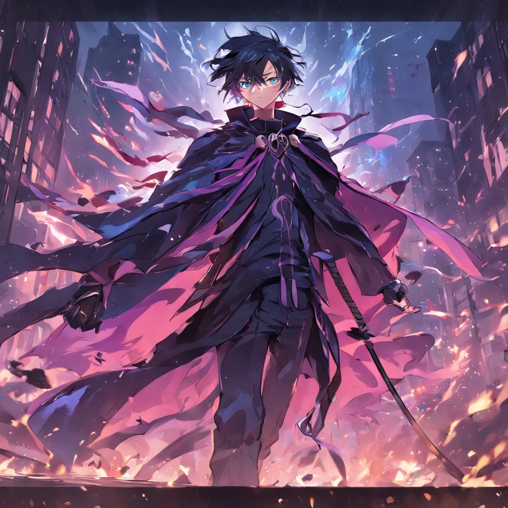 a guy named Ying, a Chinese, behind him is a city ravaged by smoke and fire, anime character with a purple cape and a black cape on, badass anime 8 k, trigger anime artstyle, tall anime guy with blue eyes, carrying 6 arrows on his back, detailed key anime art, advanced digital anime art ”, with index finger, key anime art, ufotable art style, shirow masamune, shigenori soejima illustration, epic anime style, detailed digital anime art