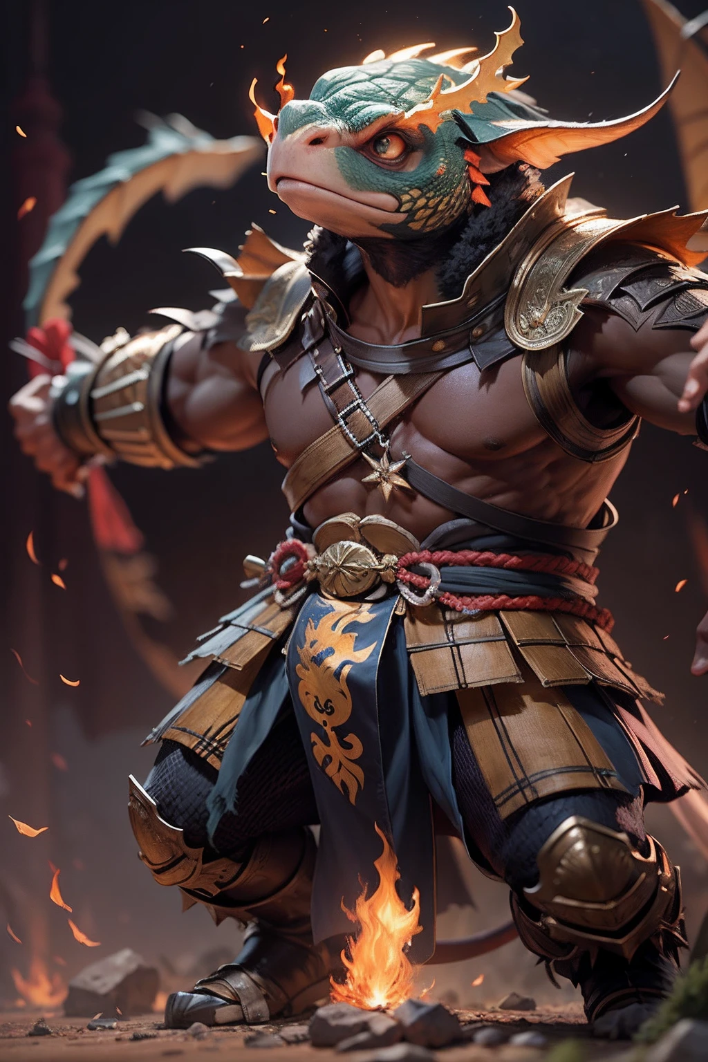（anthropomorphic turtle），（Dragon King Warrior：1.4），coda，a tall body，Stout limbs，disdain，ran，tosen，The long hairs of the flame fluttered in the wind，combats，Dynamic lines，Dimly lit battlefield，Ruined castle，（stereoscopic perspective：1.4），Works of masters，super-fine，4K分辨率，high qulity，电影灯光，High picture detail，Detailed pubic hair，Epic shooting，Clearly focused hair，Detailed hair depiction，acurate