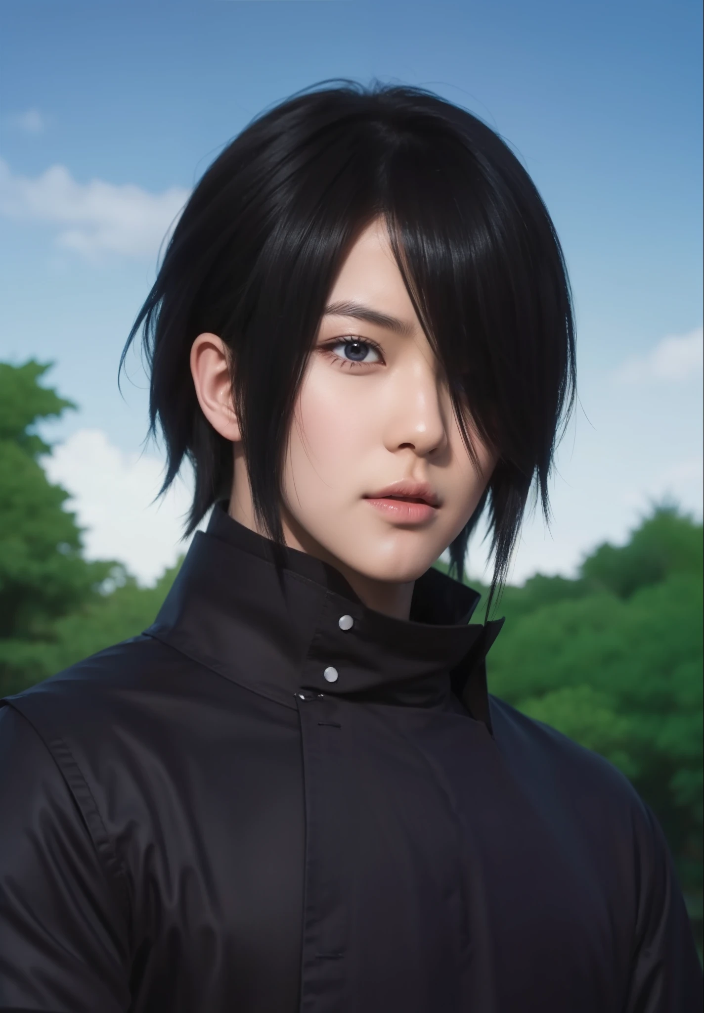 real Life adaption of this character,his name is Sasuke uchiha from anime naruto ,hyper realistic,detail realistic hairstyle ,(1 eye covered by hair), high resolution, photorealistic,very detailed,realistic outfit Black robe ,((korean handsome)) ,detailed realistic shining eyes,(photorealistic:1.4),(realism),(realistic skin),,realistic ligh,realistic shadow,sharpen, (collar),(cool expression),(realistic:1.2)