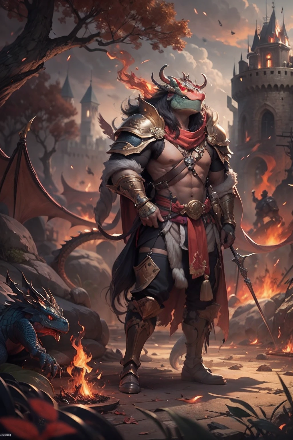 (anthropomorphic turtle),(Dragon King Warrior:1.4),coda,a tall body,Stout limbs,disdain,ran,tosen,The long hairs of the flame fluttered in the wind,combats,Dynamic lines,Dimly lit battlefield,Ruined castle,(stereoscopic perspective:1.4),Works of masters,super-fine,4K分辨率,high qulity,电影灯光,High picture detail,Detailed pubic hair,Epic shooting,Clearly focused hair,Detailed hair depiction,acurate