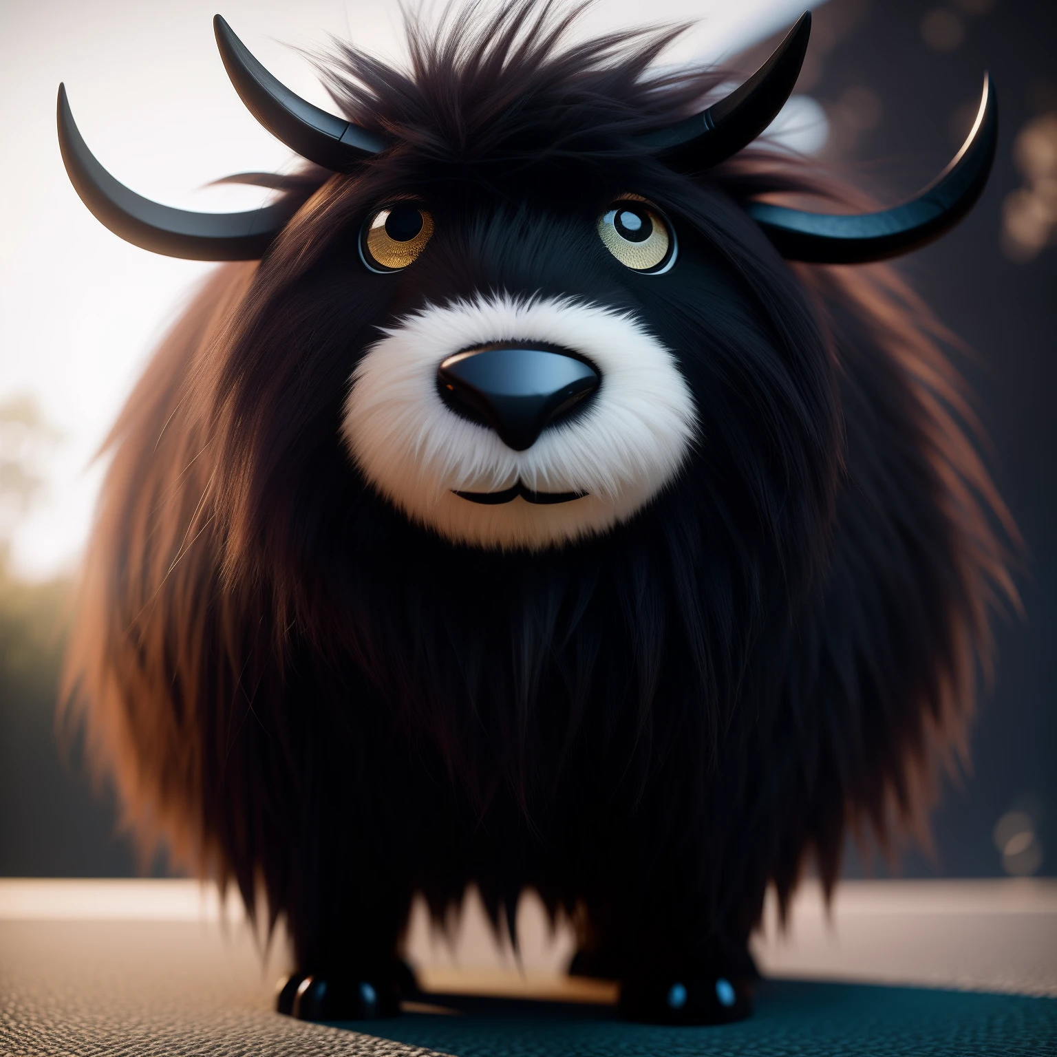 3D fluffy yak, Close-up cute, cute big circular reflective eyes, Fluffy long hairs, Pixar render, unreal engine cinematic smooth, intricately details, Cinematic