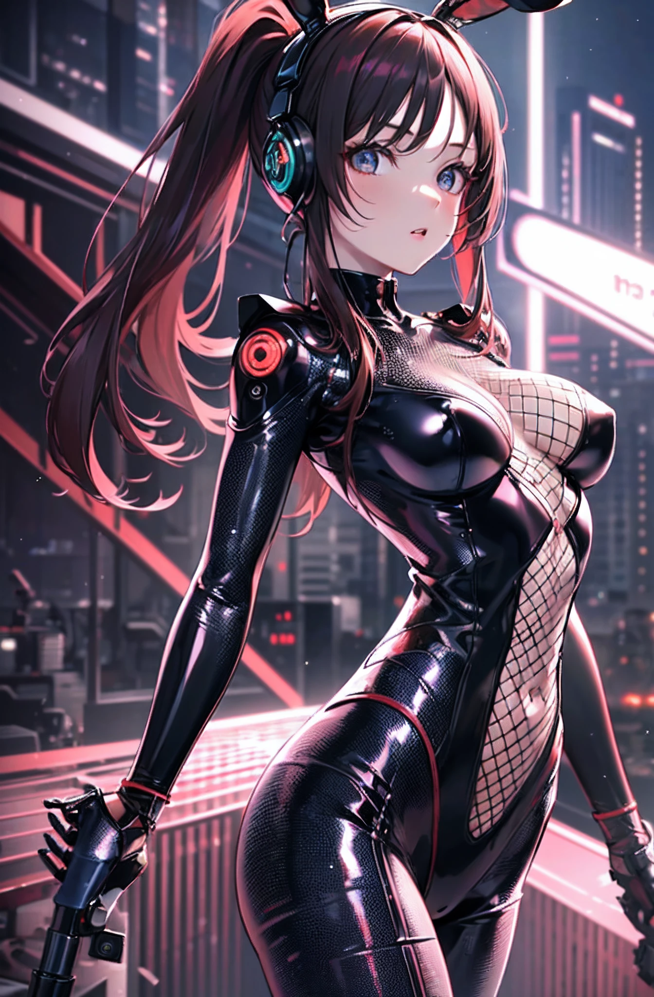 masterpiece face, masterpiece eyes, (red long hair), (feminine machine body), (black machine joints, Mechanical skelton and Artificial muscle), mechanical skin, machine flanks, (Machine internal structure exposure:1.2), (fishnet bodysuit:1.3), rabbit ears, rabbit tail, cowboy_shot, side focus, shiny, cyber punk, Masterpiece, best quality, captures a super cute moment, depth of field, ultra detailed, ultra high resolution, C4D, Octadale, 3D modeling, 8k, 16k,