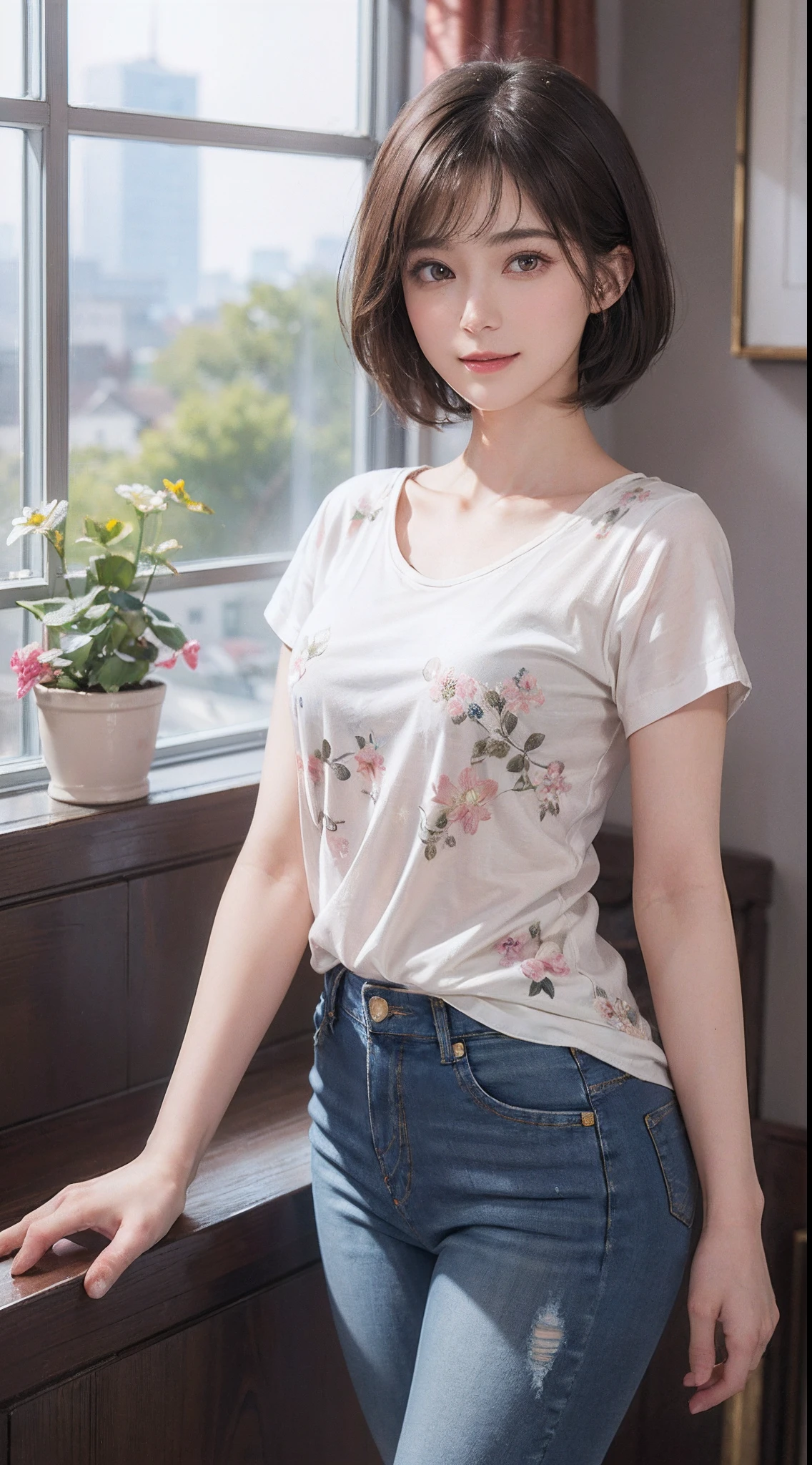(Masterpiece)、(Photorealsitic、Raw photography、top-quality: 1.4)、(1womanl)、((Floral T-shirt))、((In jeans))、beautiful expression、((A slight smil))、(A dark-haired、short-hair:1.3)、Beautiful hairstyle、realisticeyes、Beautiful details、(real looking skin)、Beautiful skins、enticing、超A high resolution、A hyper-realistic、high-detail、the golden ratio、((The windowsill in a luxurious room))