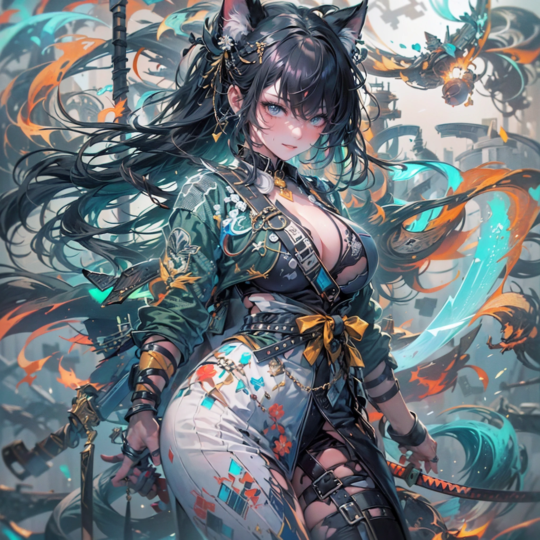 (top-quality), (masterpiece), (hight resolution), (tmasterpiece)、 cinematric light, Cinema Shadow, Sharp Image, Extremely detailed, Volumetric,(cute kittens)、1womanl,(Samurai)、(katanas)、(Sweating from the body)、(A lot of tattoos on the body)、(very long hair of black wavy color,,,、(30-years old)、Large breasts, Huge breasts, huge-breasted, Enlarged breasts, long drooping milk、smil、(Button-up kimono:0.7)、(Turbulent colorful light) , particles effect, beautiful effects, Vivid colors, neons, Neon light, colorful water splash, clear and beautiful, Mysterious, beautifly、(Full body photo)、