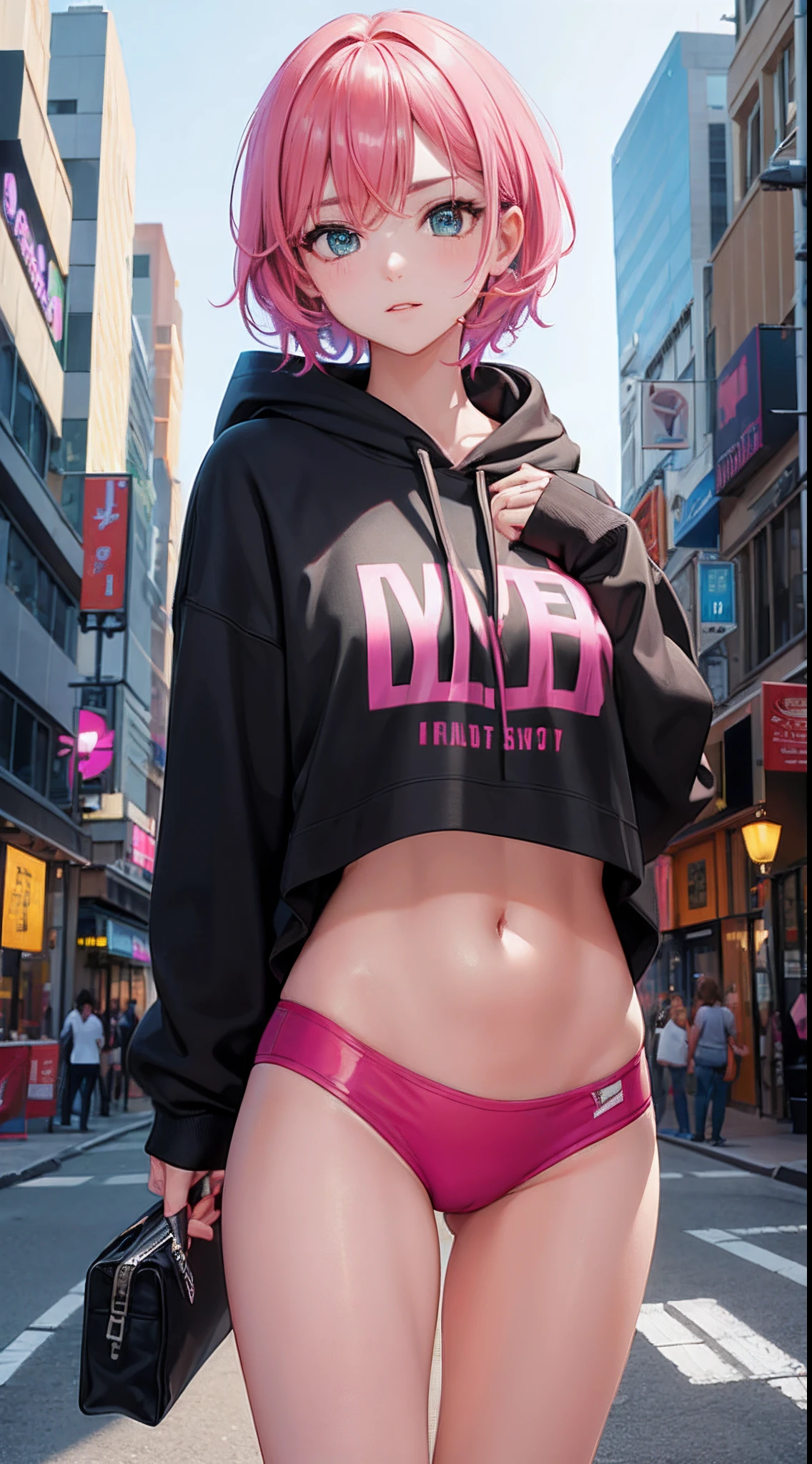 girl, (Masterpiece), (best anatomy), highres, ultra-detailed, dynamic lighting, dynamic colors, best background, best pose, beautiful, dreamy, dream girl, smooth skin, shiny skin, girl, Model, model pose, cute, hot, short bright pink hair, big neon green eyes, wide eyes, in the city, hoodie, black leggings, cute face, young face, teenager, oversized hoodie,