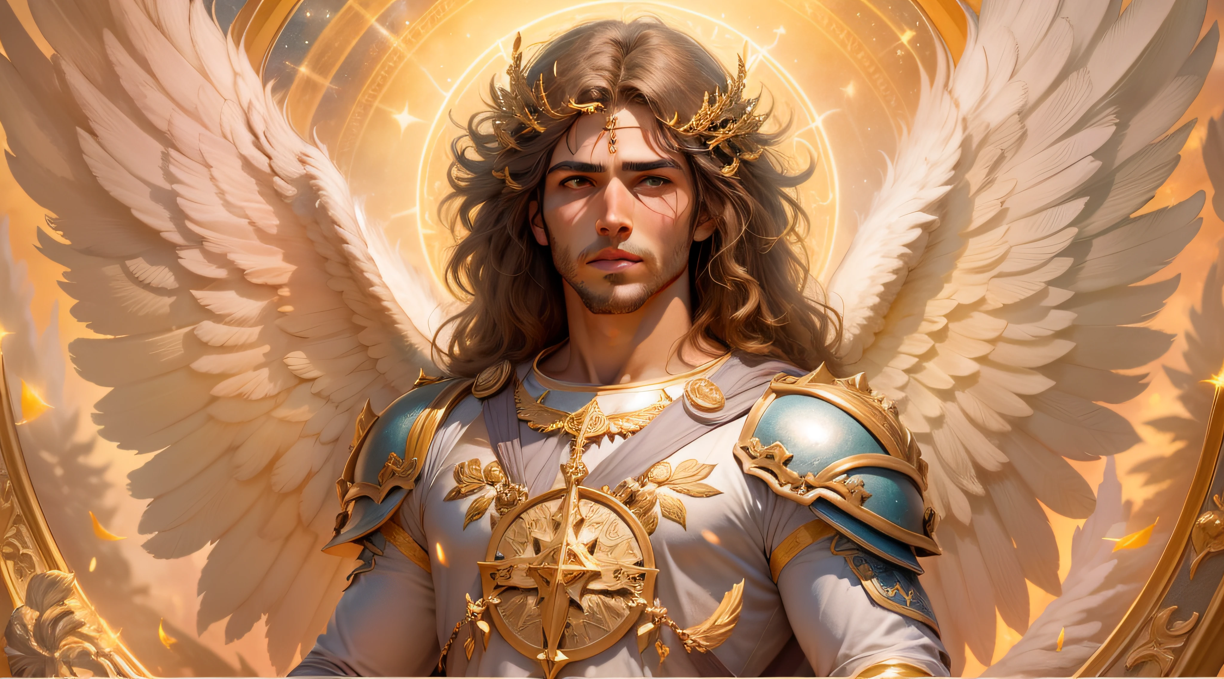 um personagem masculino bonito meia idade, o arcanjo Miguel, imagem celestial, detalhes intricados, realista, asas ROSAS e grandes, fundo angelical, Catholic illustrative image of the archangel Michael, Male character of the Bible, Michael is wearing his angelic armor, cosmic background, Illumination in the Archangel and in the background, imagem do corpo todo do anjo, Maximum detail and his angelic face and wings, pele perfeita realista, Maximum image quality, Miguel ele esta destacado na imagem com cores fortes e chamativas, asas grandes