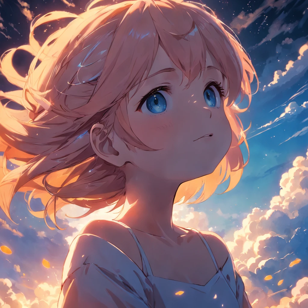 masterpiece, best quality, movie still, 1girl, cloud girl, floating in the sky, close-up, bright, happy, warm soft lighting, sunset, (sparks:0.7)