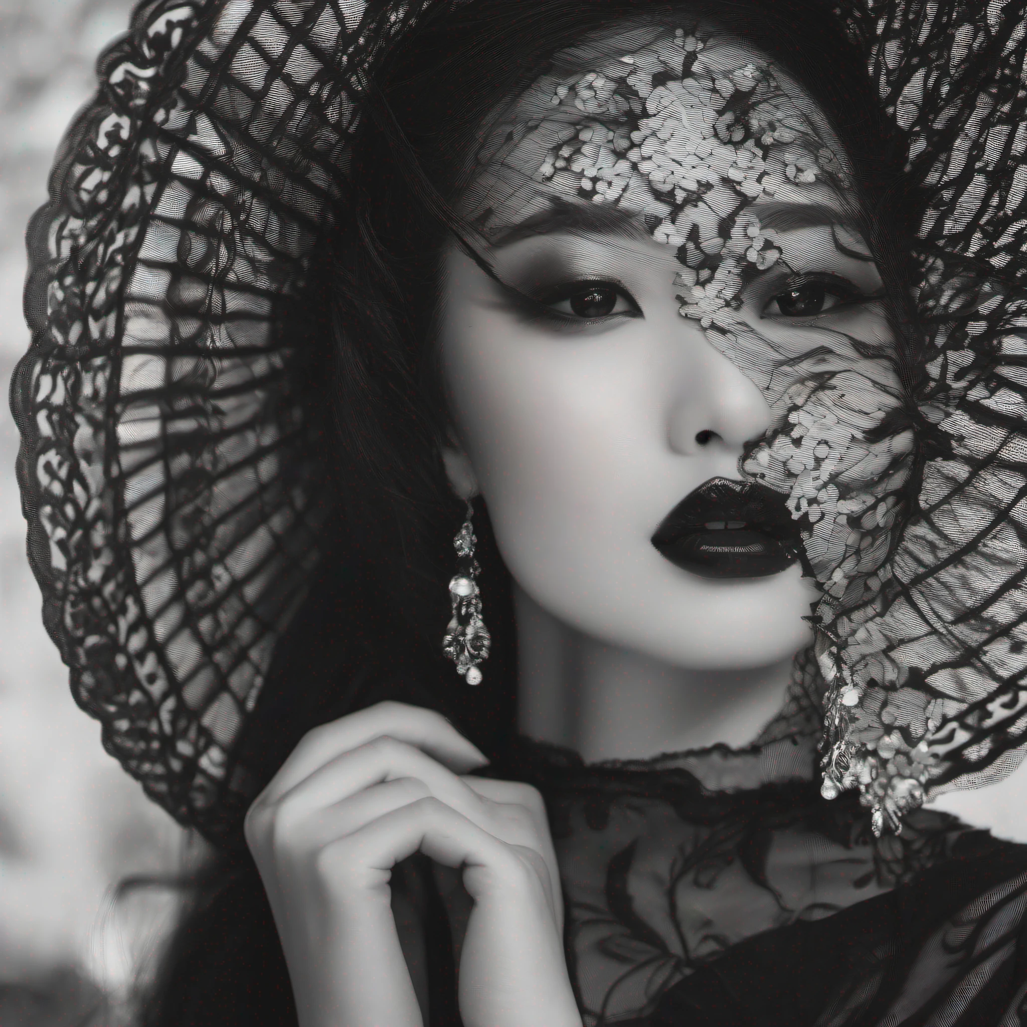 Imagem de alto contraste em preto e branco de uma bela e sedutora mulher japonesa com um vestido decotado; Sensual lips; olhar provocador.