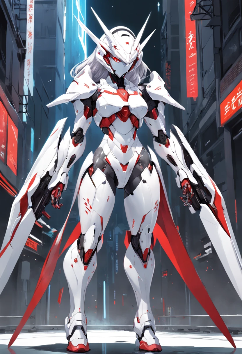 Wearing a white cloak、Black and red Arad woman, in white futuristic armor, glossy white armor, streamlined white armor, White armor, full body mecha suit, Armor Girl, ferra white mecha, female mecha, Mecha suit, full body concept, thicc, inspired by Krenz Cushart, pale black armor,stand posture