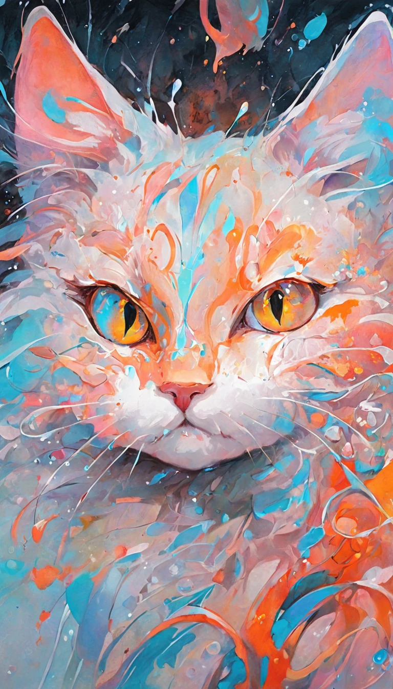 Illustration of an extremely beautiful cat in contemporary figurative diconstruction art, delicate hues, tiny BUBBLES, transmission fluid,oil,triadic alcohol ink marbling, acrylic DUTCH pour painting style by artist Carol Cavalaris ,Tara Turner, Marieka Diepenveen , contrasting hard lines with soft features and mixed emotions., by artist Jason Thielke, fine art, masterpiece,